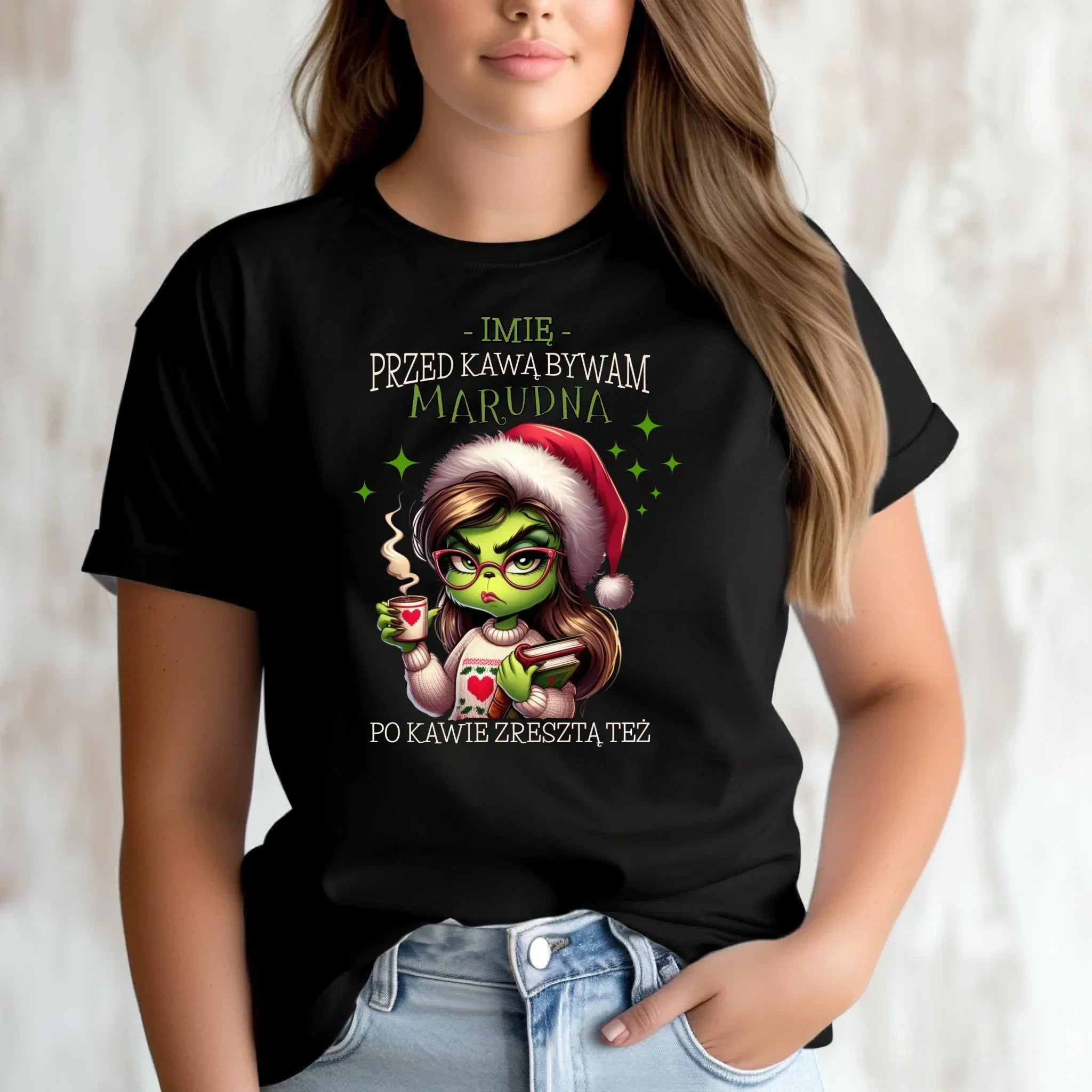 Koszulka damska świąteczna - Grinch - Przed kawą bywam marudna - personalizowana BN116 - StoryCups.pl