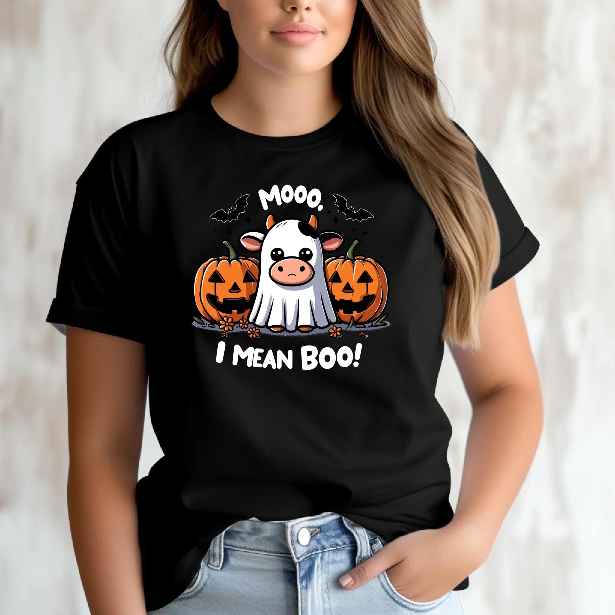 Koszulka damska na Halloween - Mooo I mean Boo! - z dynią i duchem HL14 - StoryCups.pl