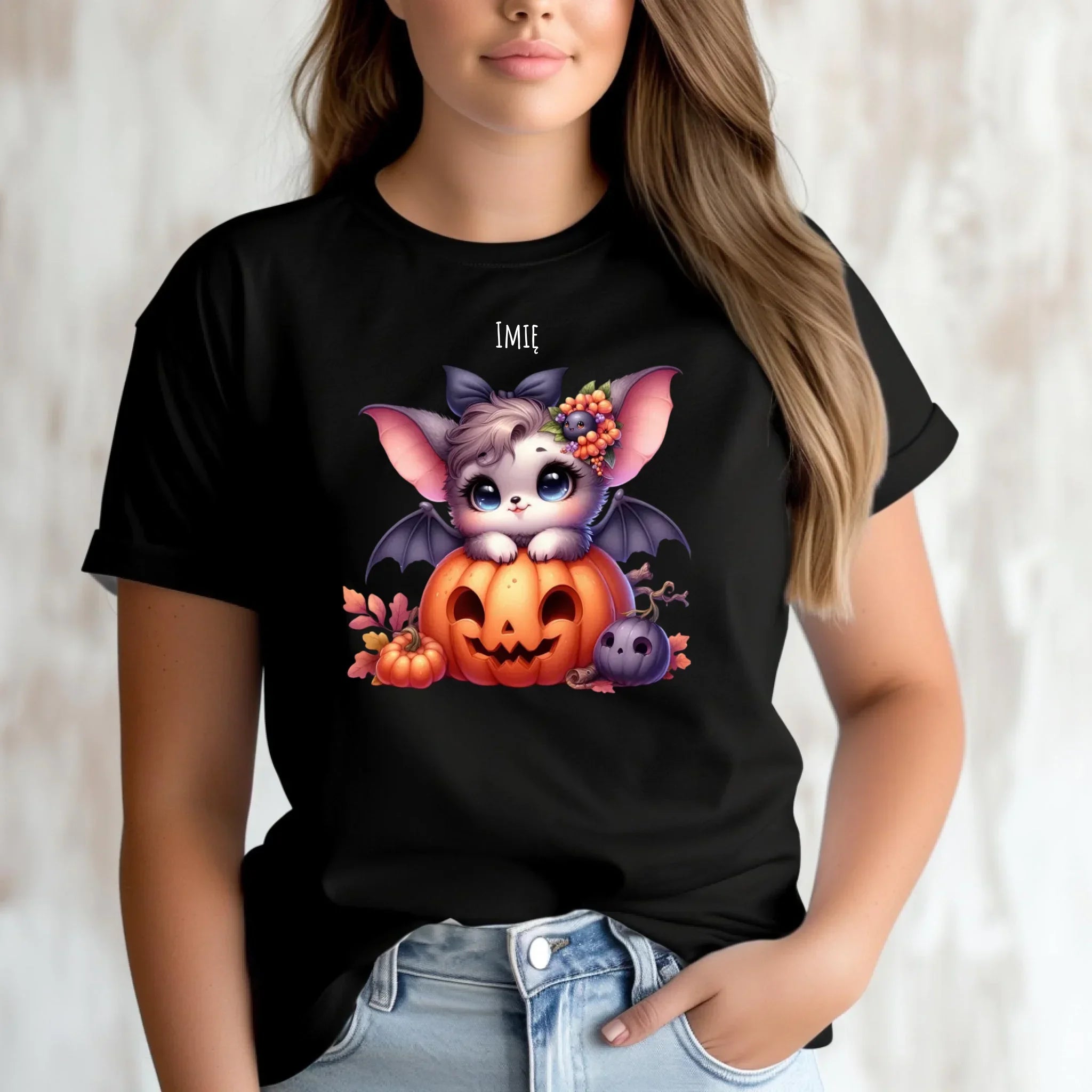 Koszulka damska halloweenowa - Uroczy nietoperz z dynią - personalizowana HL08 - StoryCups.pl
