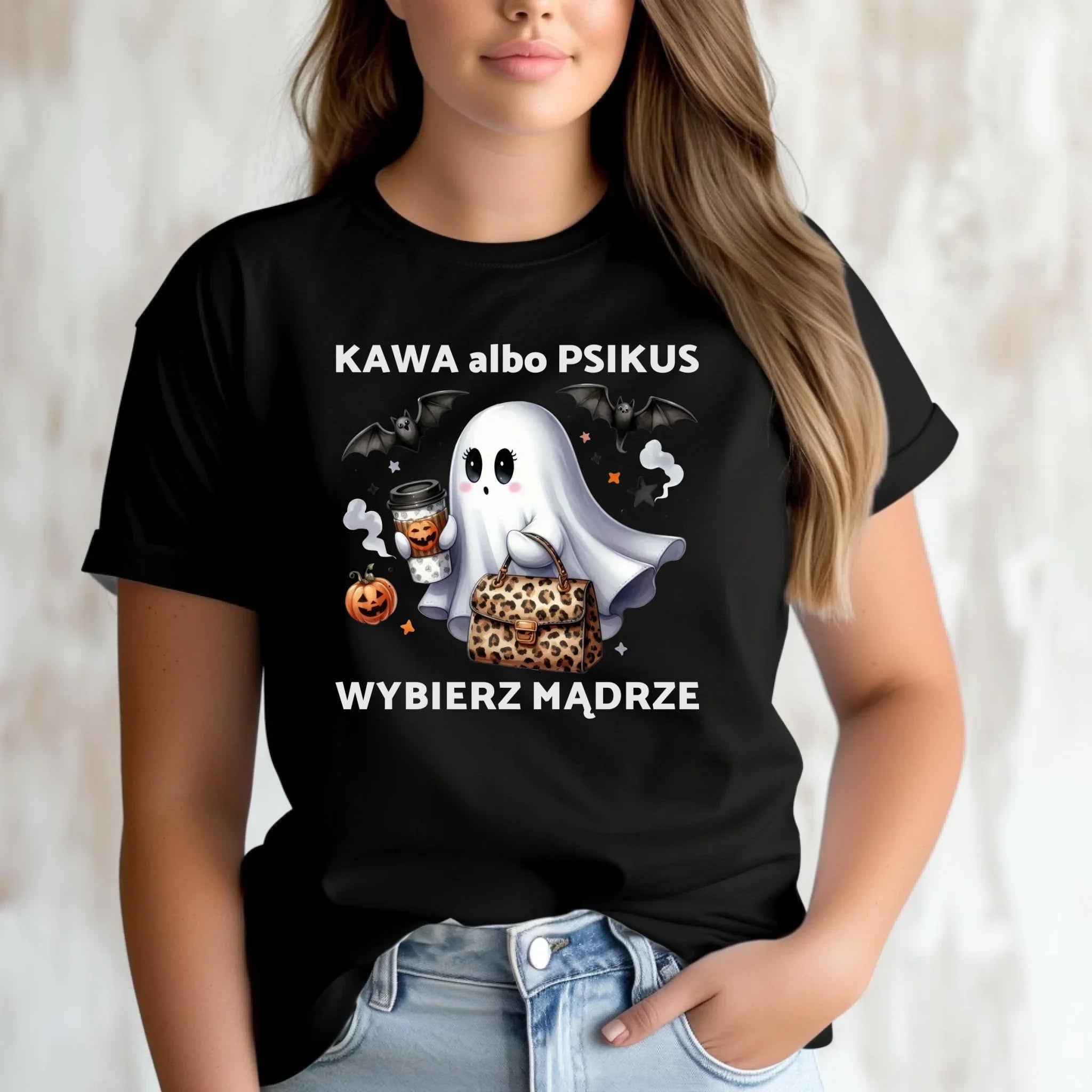 Koszulka damska halloweenowa - Duch - Kawa albo psikus HL07 - StoryCups.pl