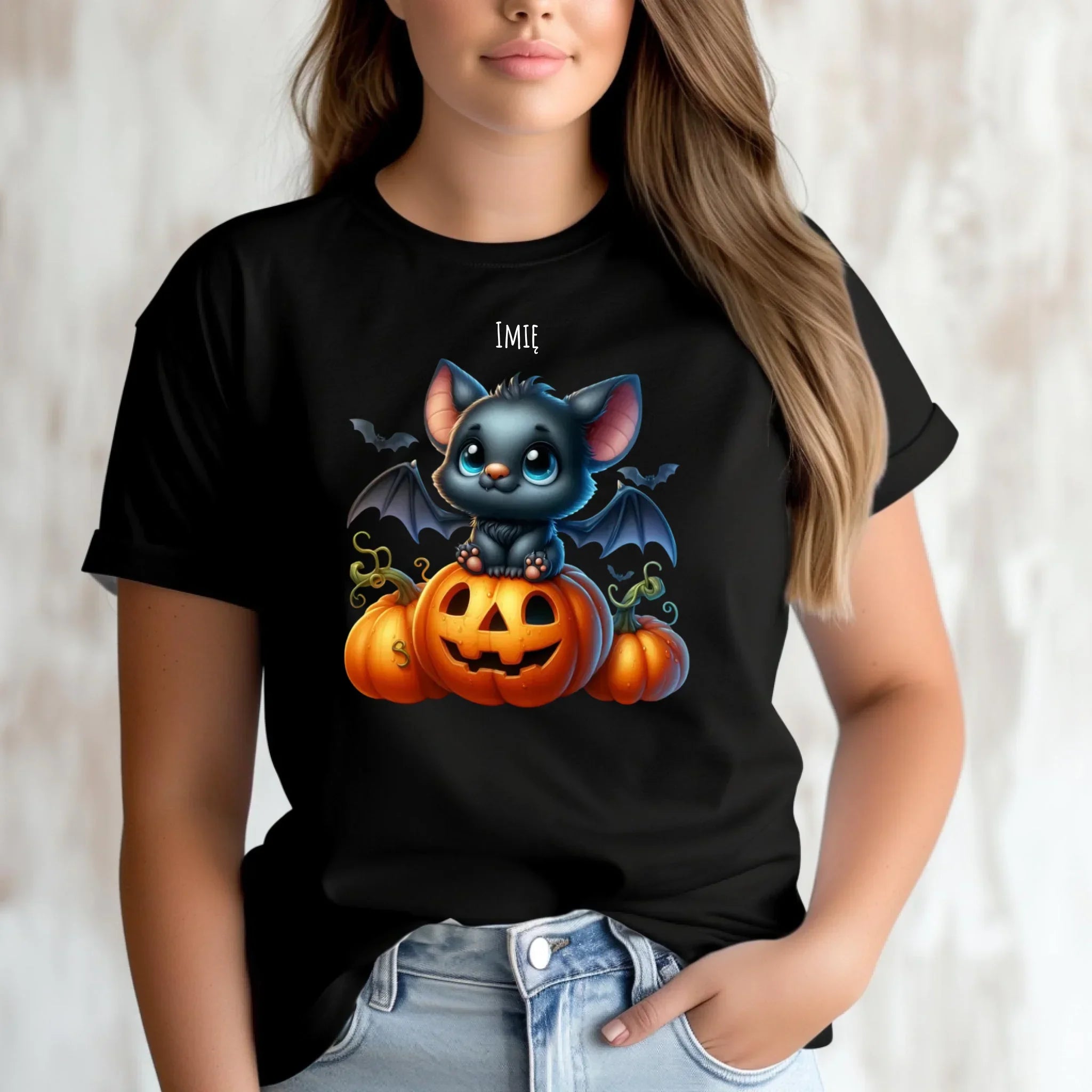 Koszulka damska halloweenowa - Słodki nietoperz z dynią - personalizowana HL09 - StoryCups.pl