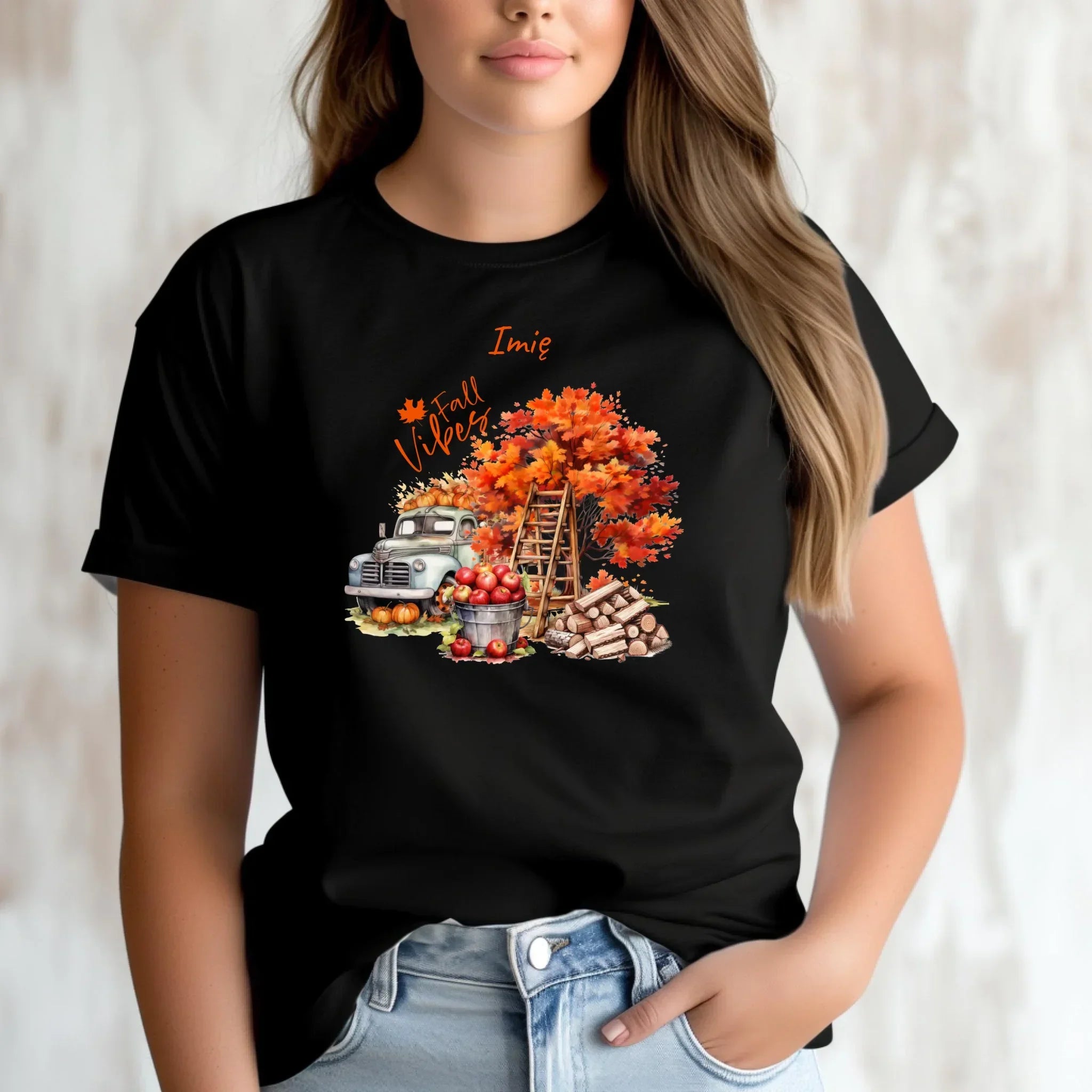 Koszulka damska jesienna – Vintage auto dynie i jabłka – personalizowana JS07 - StoryCups.pl