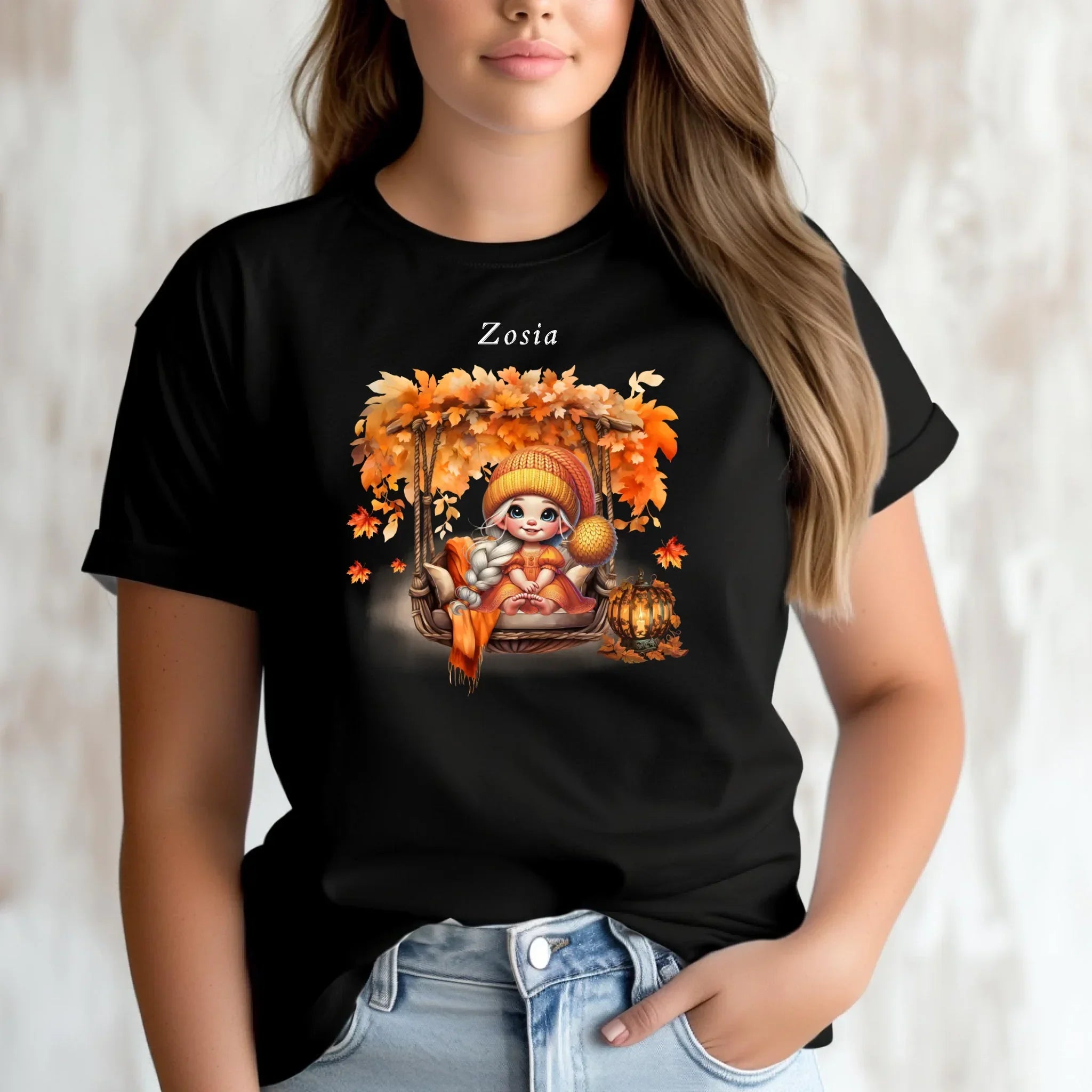 Koszulka damska jesieniara - Dziewczynka z liśćmi - personalizowana JS17 - StoryCups.pl