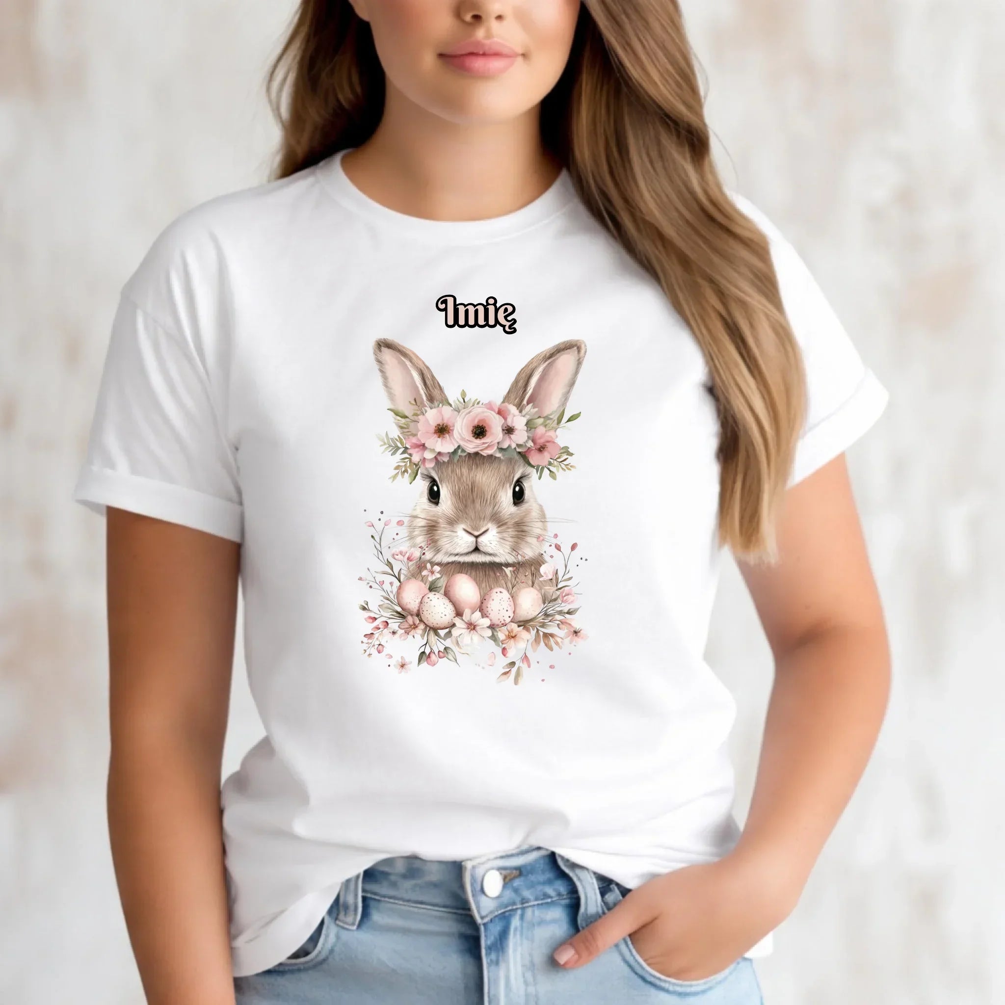 Koszulka damska na Wielkanoc - Zajączek Boho w kwiatach - Prezent personalizowany WN05 - StoryCups.pl
