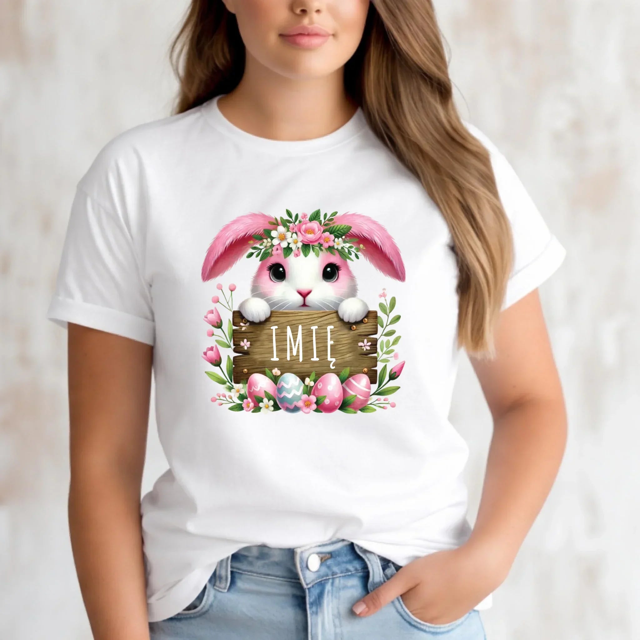 Koszulka damska na Wielkanoc - Słodki Różowy Zajączek - Prezent personalizowany WN07 - StoryCups.pl