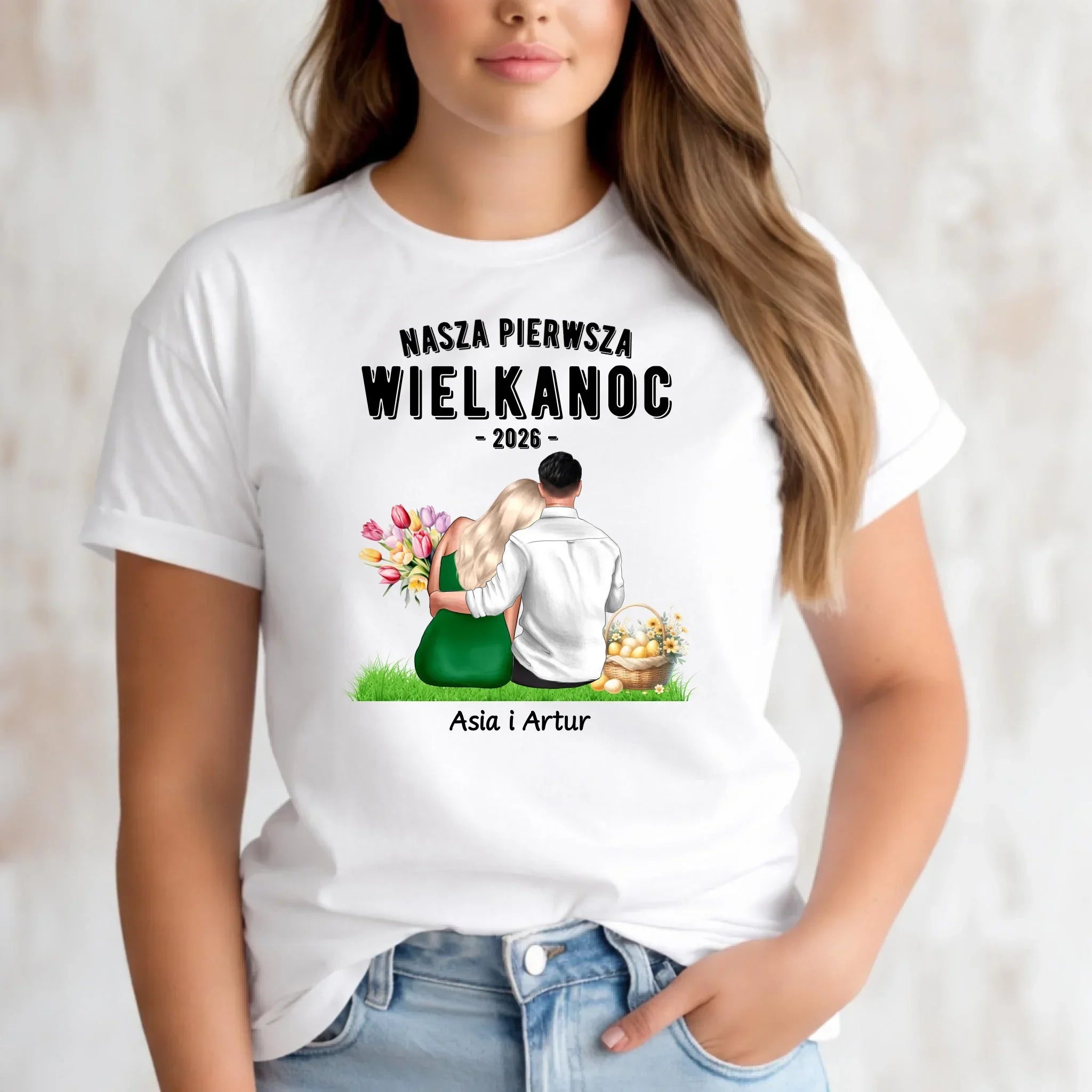 Koszulka damska wielkanocna dla par - Nasza pierwsza Wielkanoc - personalizowana WN16 - StoryCups.pl