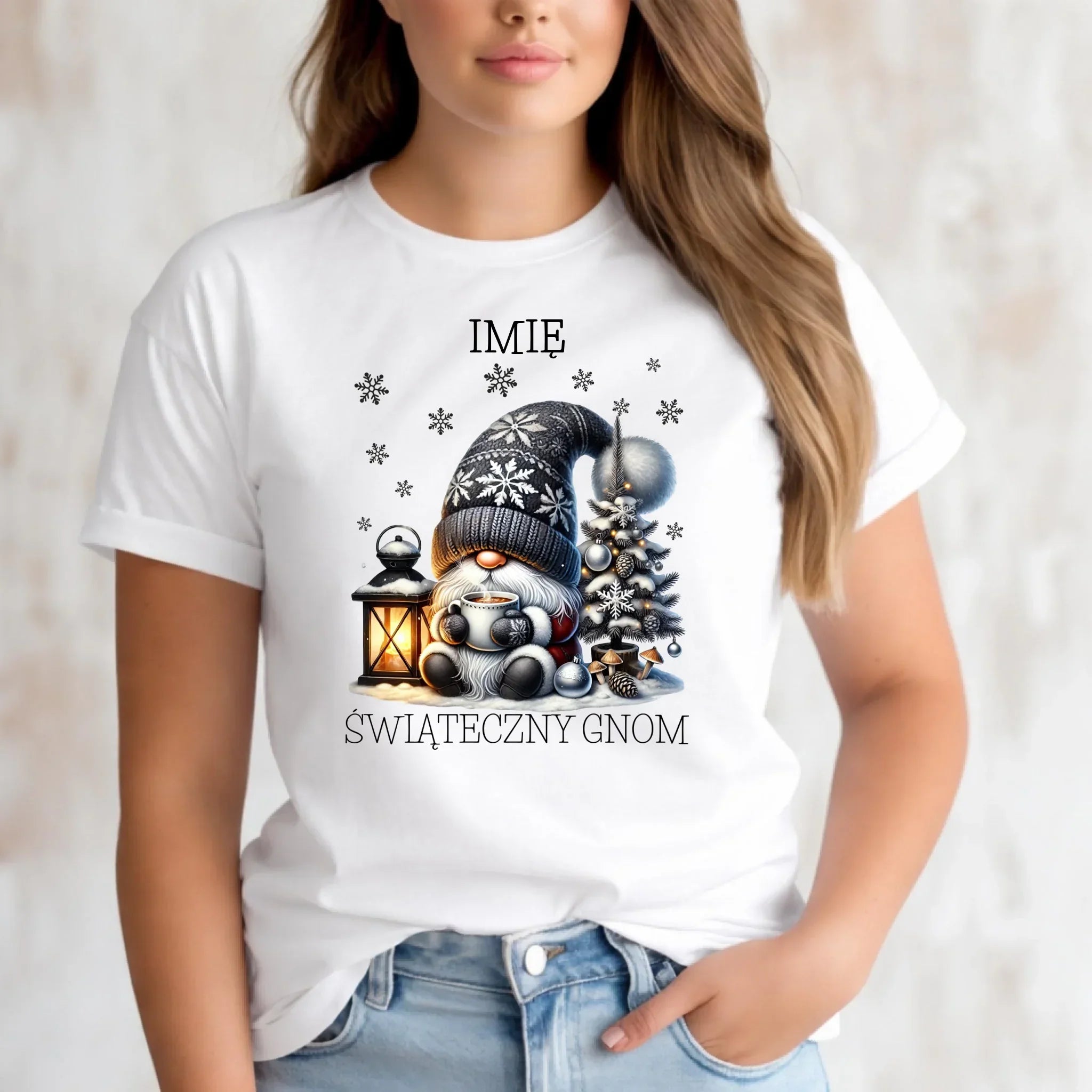 Koszulka damska świąteczna - Gnom z czekoladą - personalizowana BN41 - StoryCups.pl