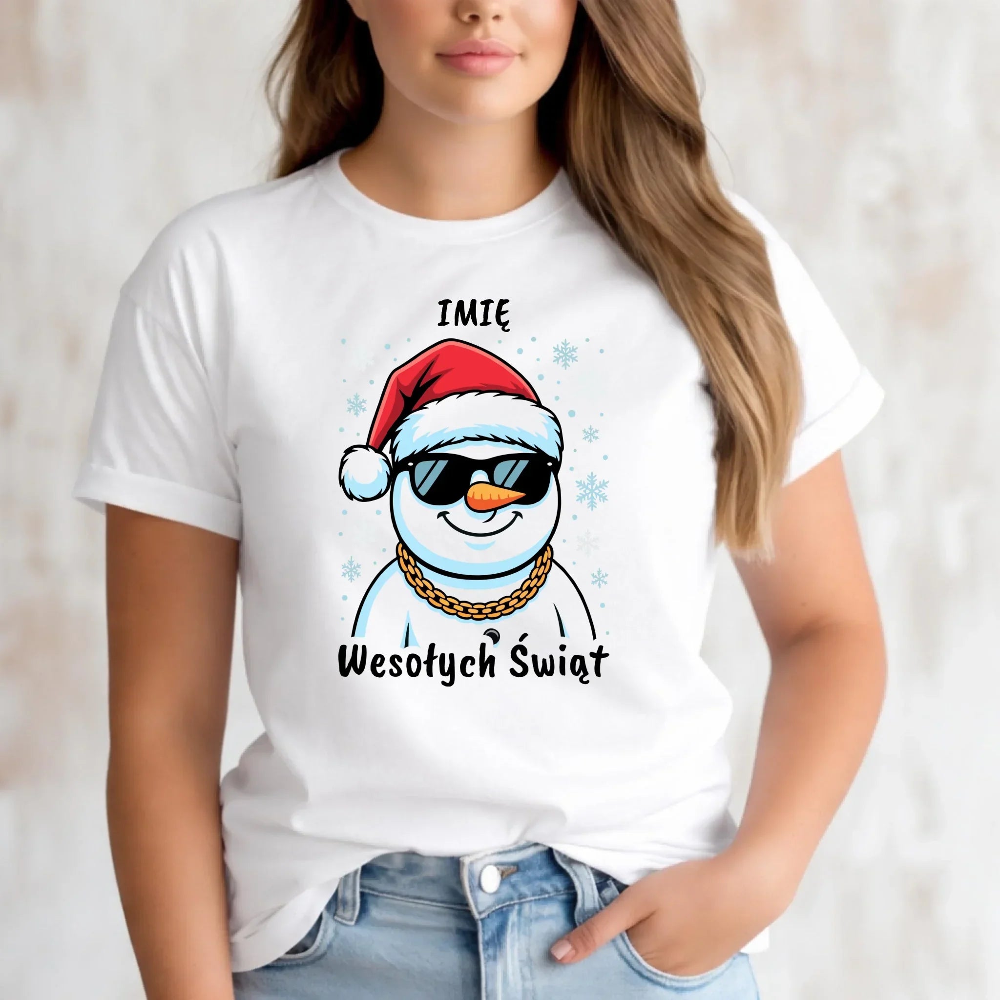 Koszulka damska świąteczna - Wesoły bałwan Wesołych Świąt - personalizowana BN82 - StoryCups.pl
