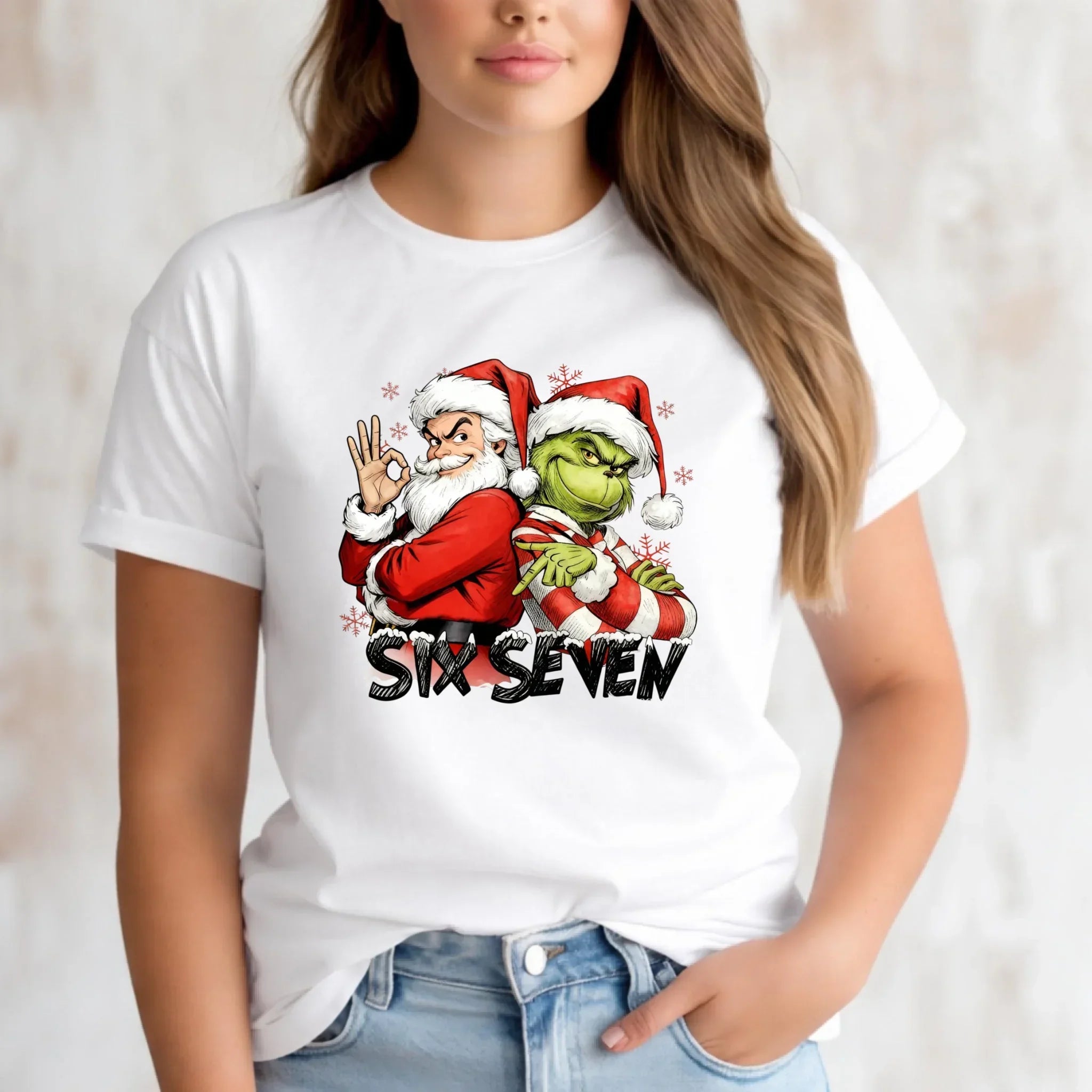 Koszulka damska świąteczna - Mikołaj i Grinch six seven 67 BN148 - StoryCups.pl