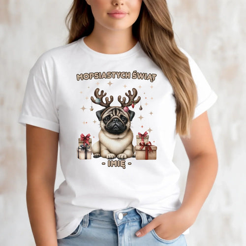 Koszulka damska świąteczna - Mops Mopsiastych świąt - personalizowana BN91 - StoryCups.pl