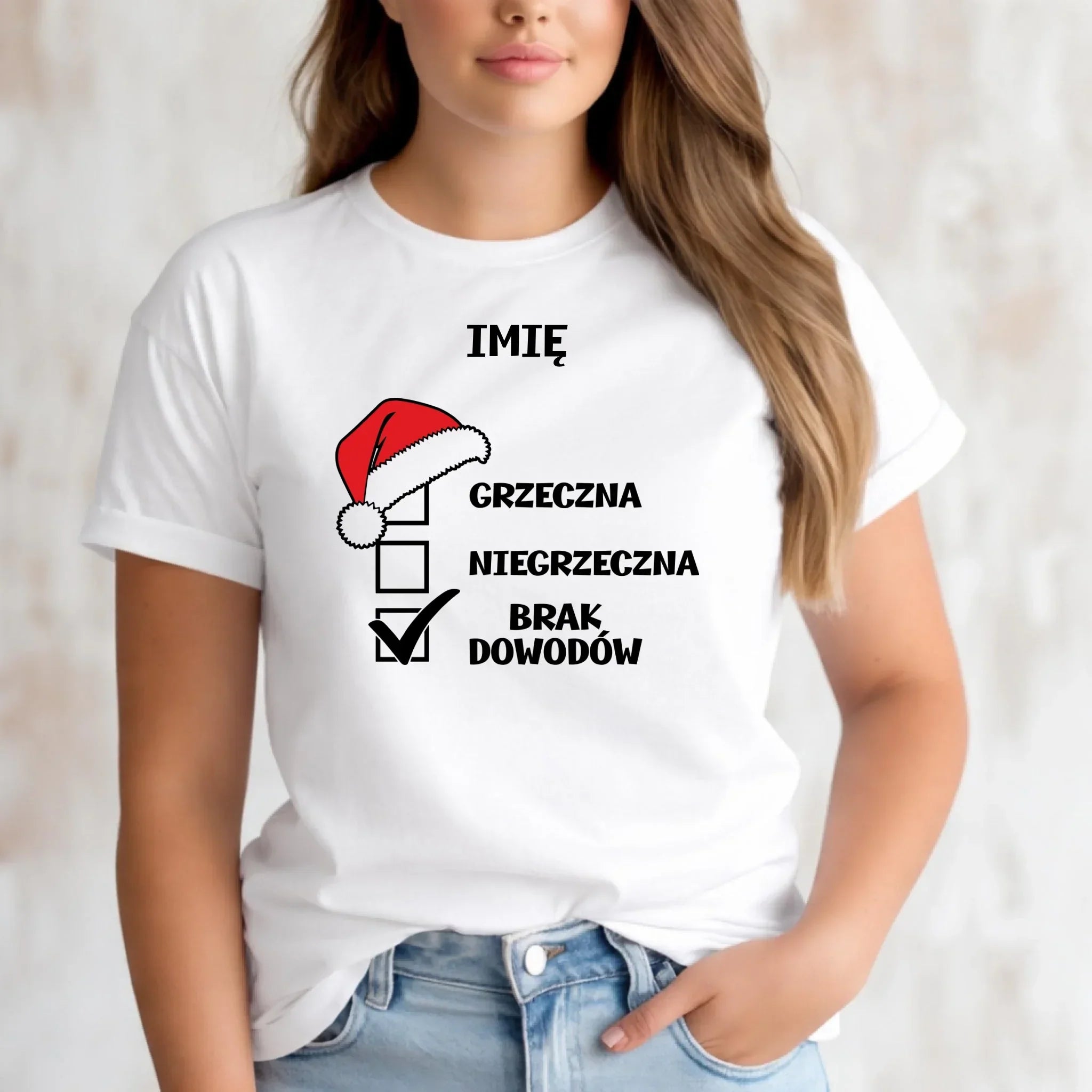 Koszulka damska świąteczna - Grzeczna niegrzeczna brak dowodów - personalizowana BN147 - StoryCups.pl