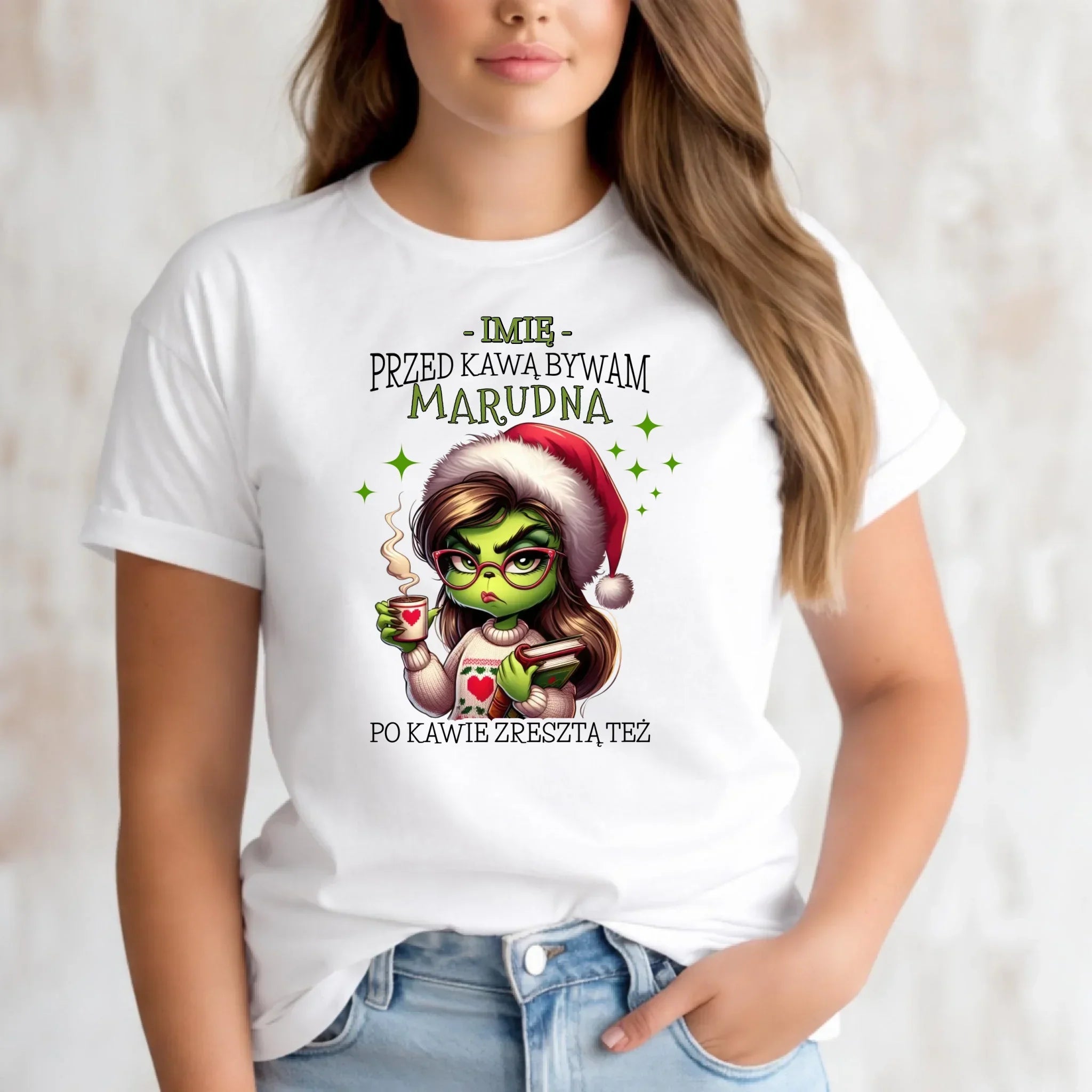 Koszulka damska świąteczna - Grinch - Przed kawą bywam marudna - personalizowana BN116 - StoryCups.pl