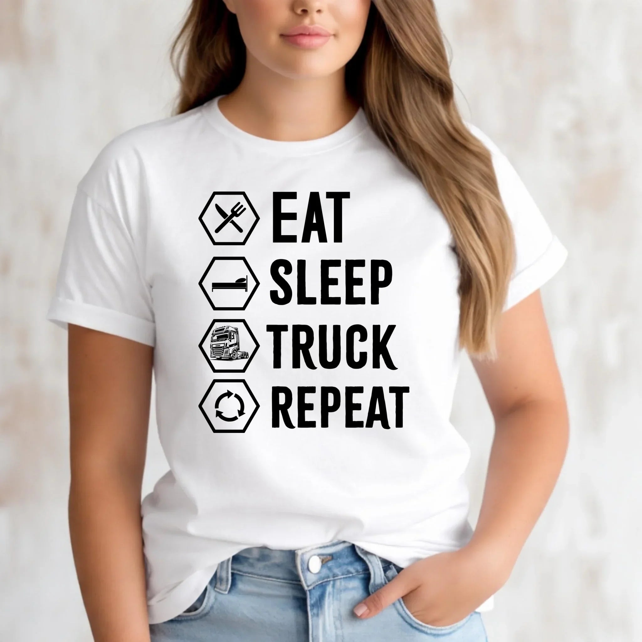 Koszulka damska dla kierowcy ciężarówki - Eat Sleep Truck Repeat ZKT05 - StoryCups.pl
