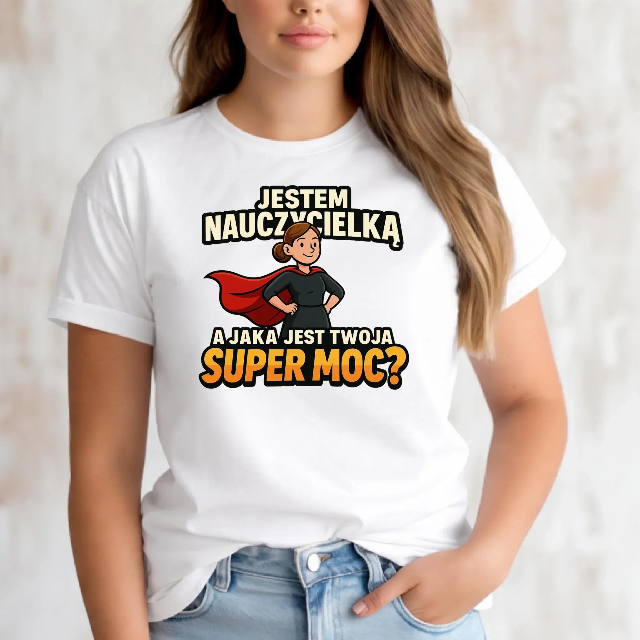 Koszulka damska dla nauczycielki - Jestem nauczycielką, a jak jest Twoja super moc? N26 - StoryCups.pl