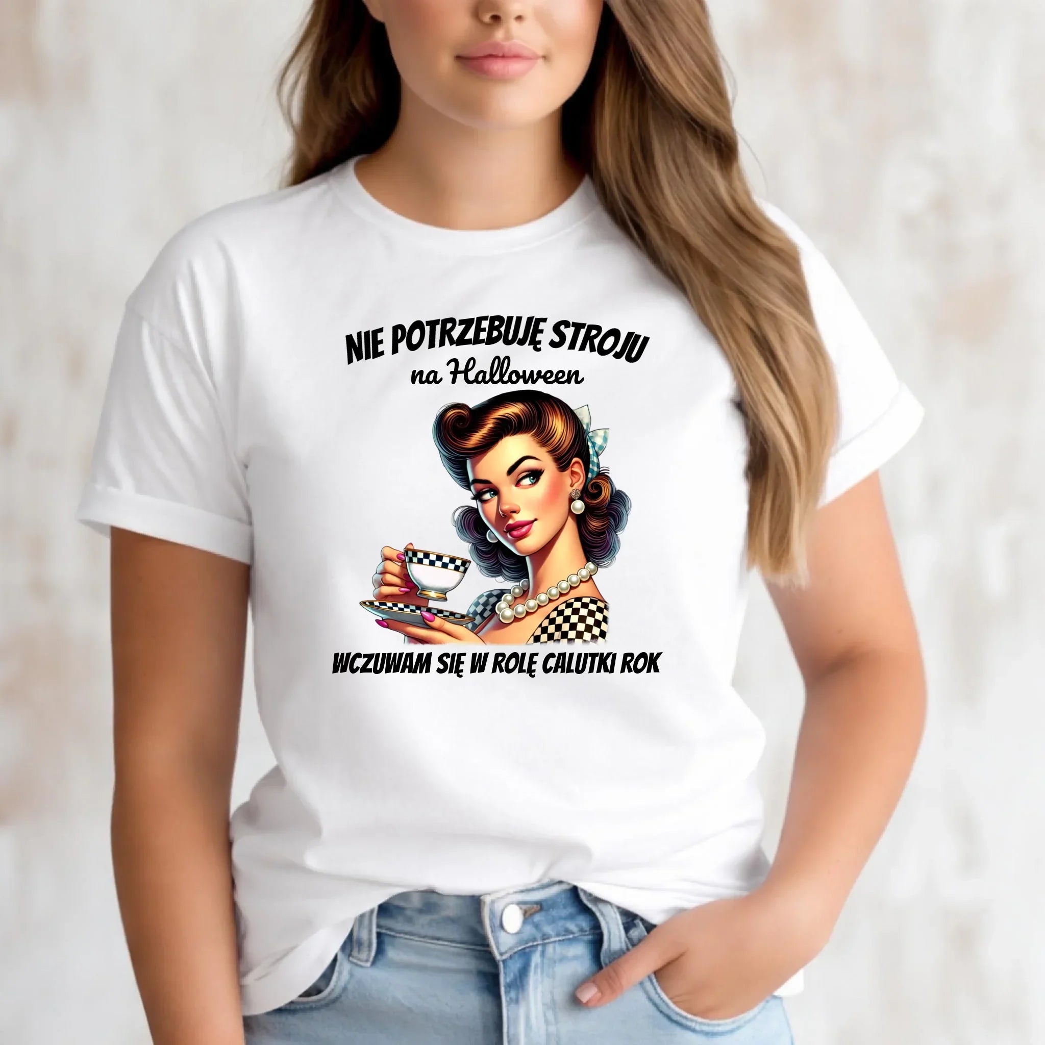 Koszulka damska retro pin-up girl – Nie potrzebuję stroju na Halloween HL29 - StoryCups.pl