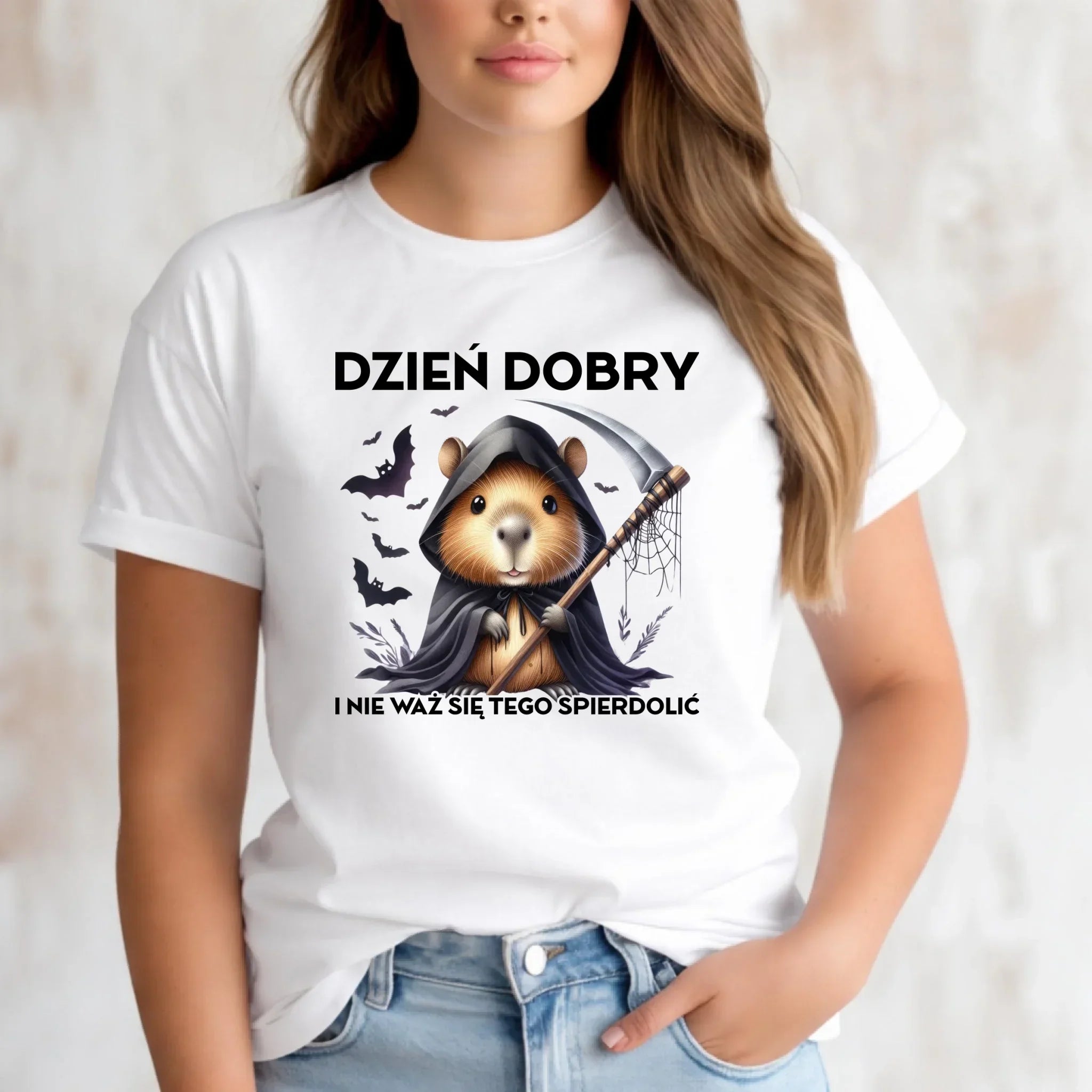 Koszulka damska halloweenowa - Kapibara Żniwiarz - Dzień dobry - bez cenzury HL20 - StoryCups.pl