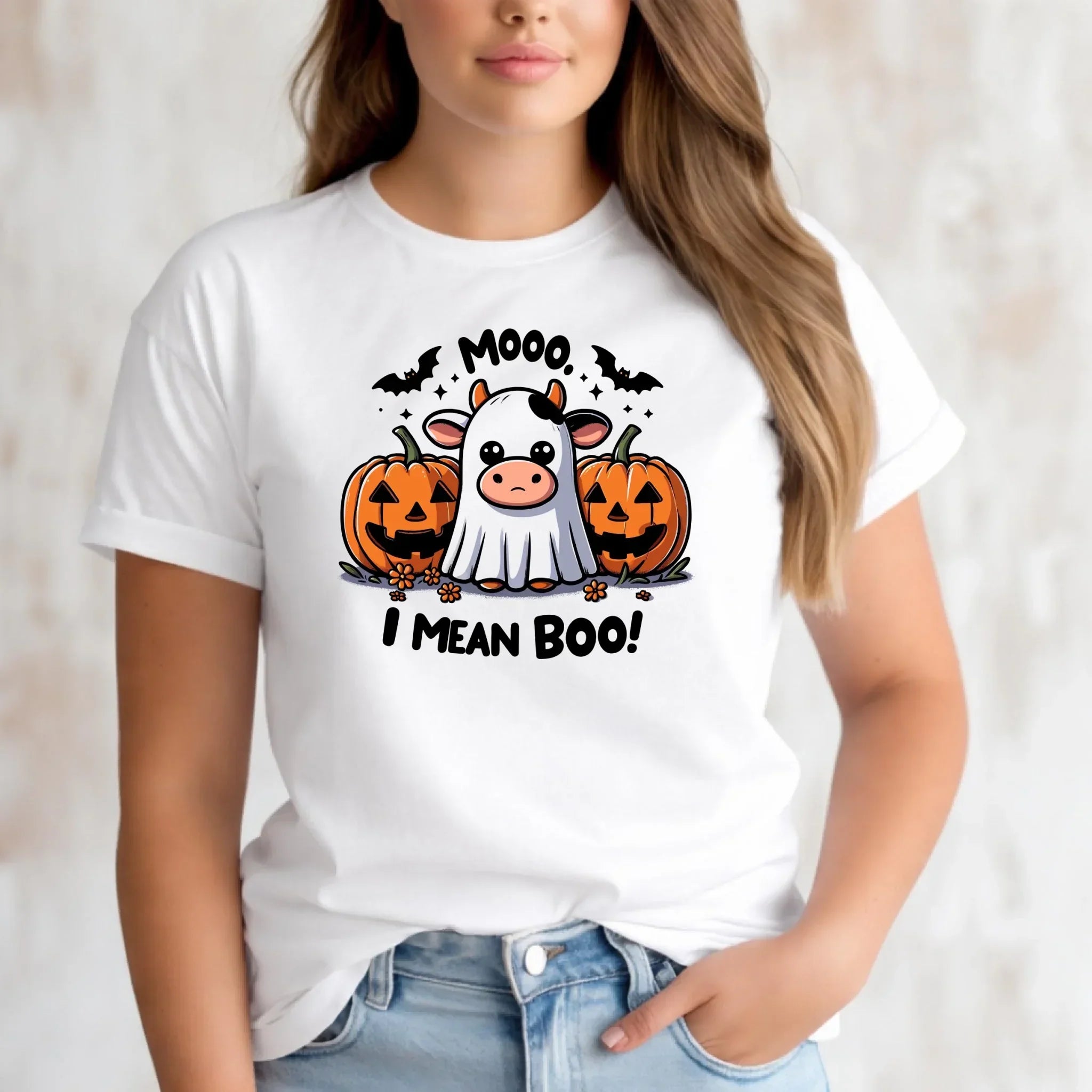 Koszulka damska na Halloween - Mooo I mean Boo! - z dynią i duchem HL14 - StoryCups.pl