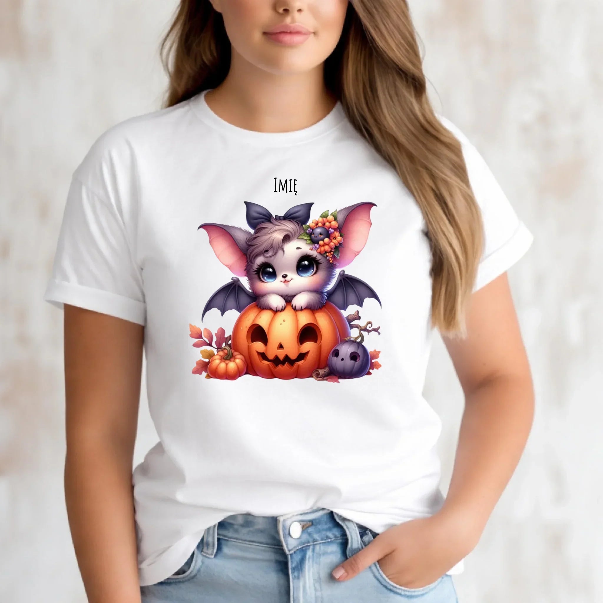 Koszulka damska halloweenowa - Uroczy nietoperz z dynią - personalizowana HL08 - StoryCups.pl