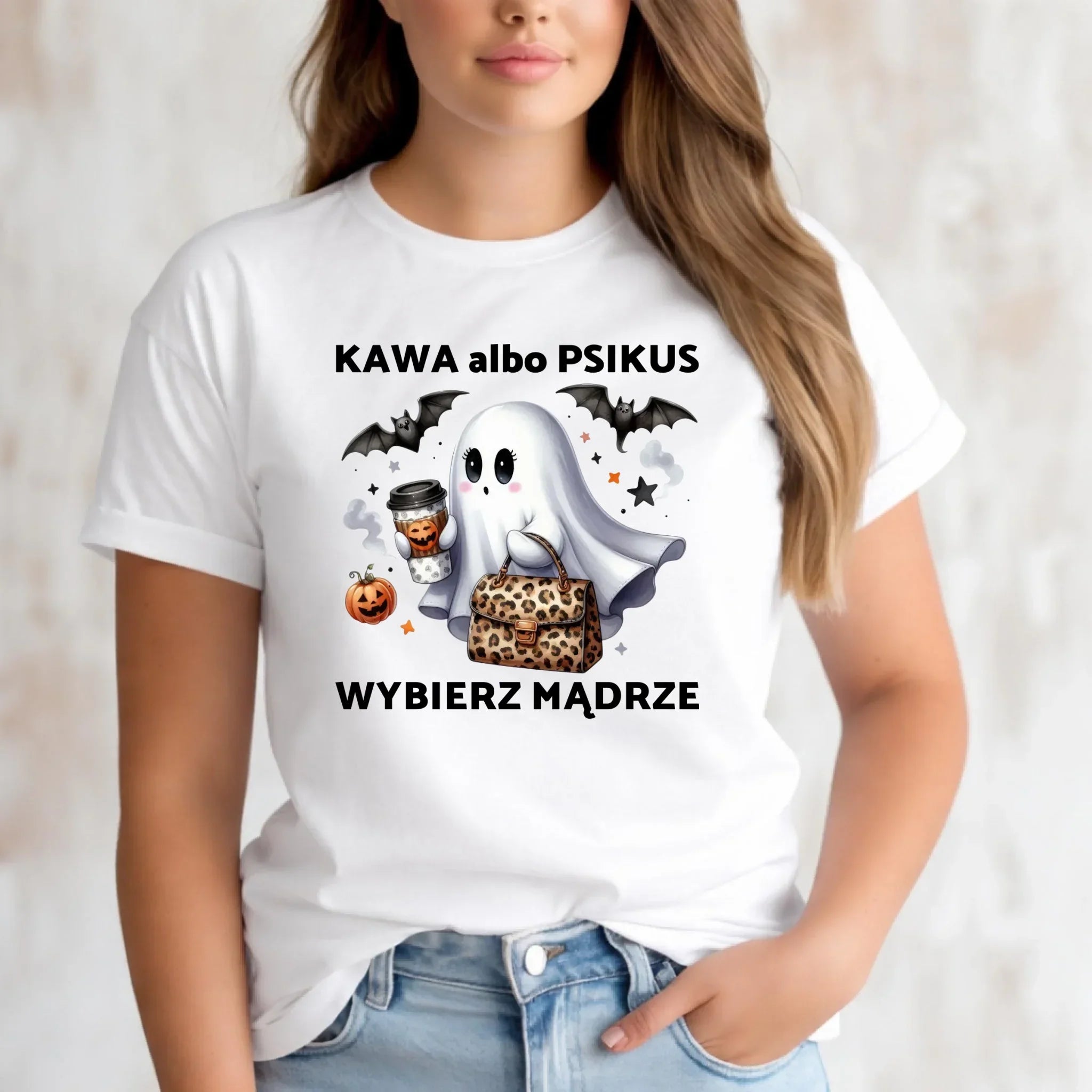 Koszulka damska halloweenowa - Duch - Kawa albo psikus HL07 - StoryCups.pl