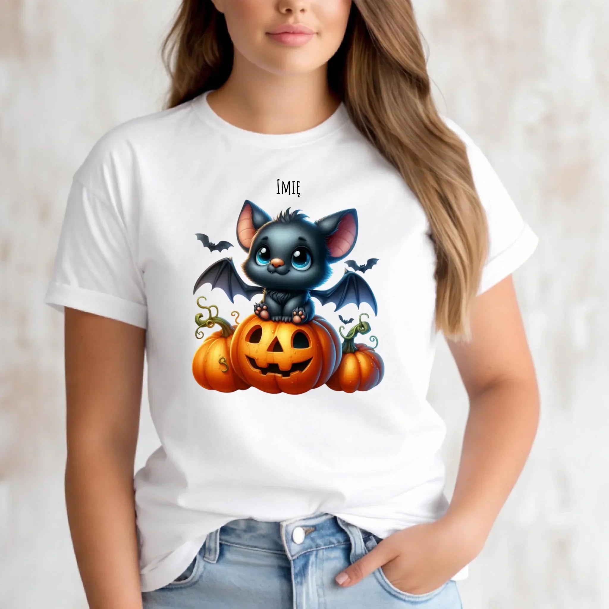 Koszulka damska halloweenowa - Słodki nietoperz z dynią - personalizowana HL09 - StoryCups.pl
