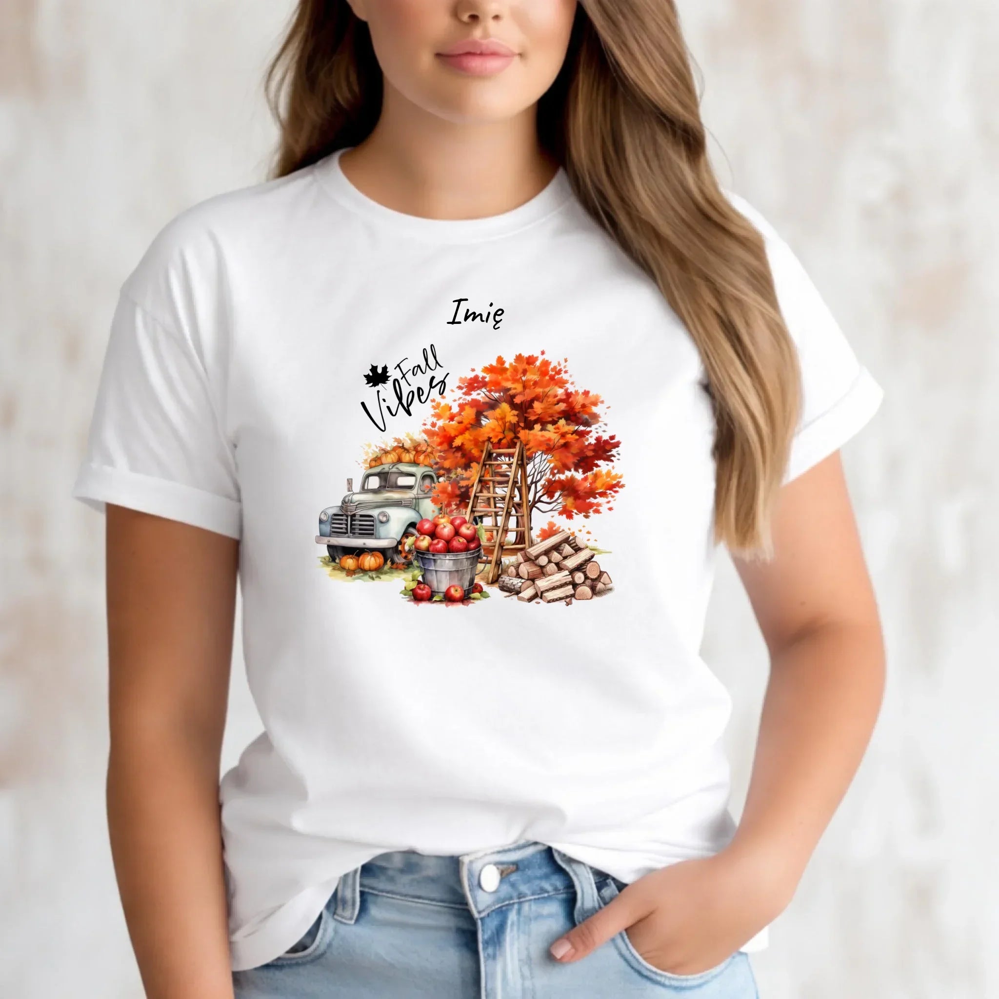 Koszulka damska jesienna – Vintage auto dynie i jabłka – personalizowana JS07 - StoryCups.pl