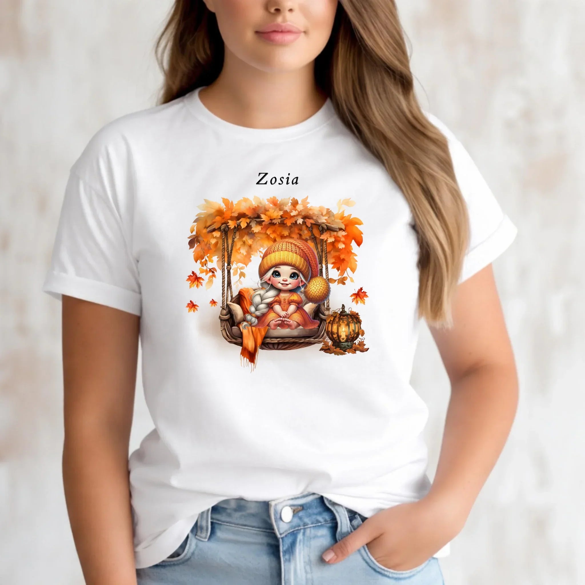 Koszulka damska jesieniara - Dziewczynka z liśćmi - personalizowana JS17 - StoryCups.pl