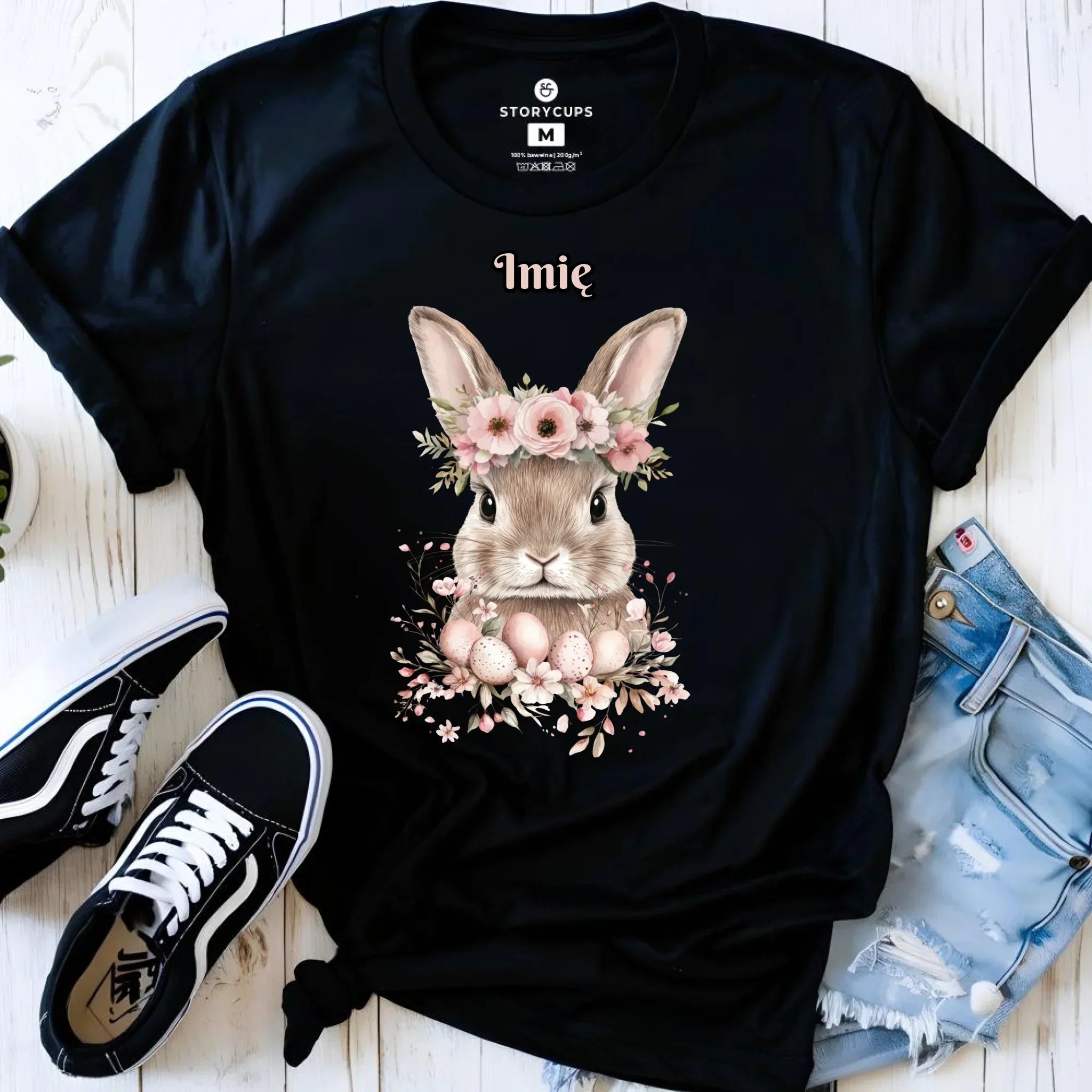 Koszulka damska na Wielkanoc - Zajączek Boho w kwiatach - Prezent personalizowany WN05 - StoryCups.pl
