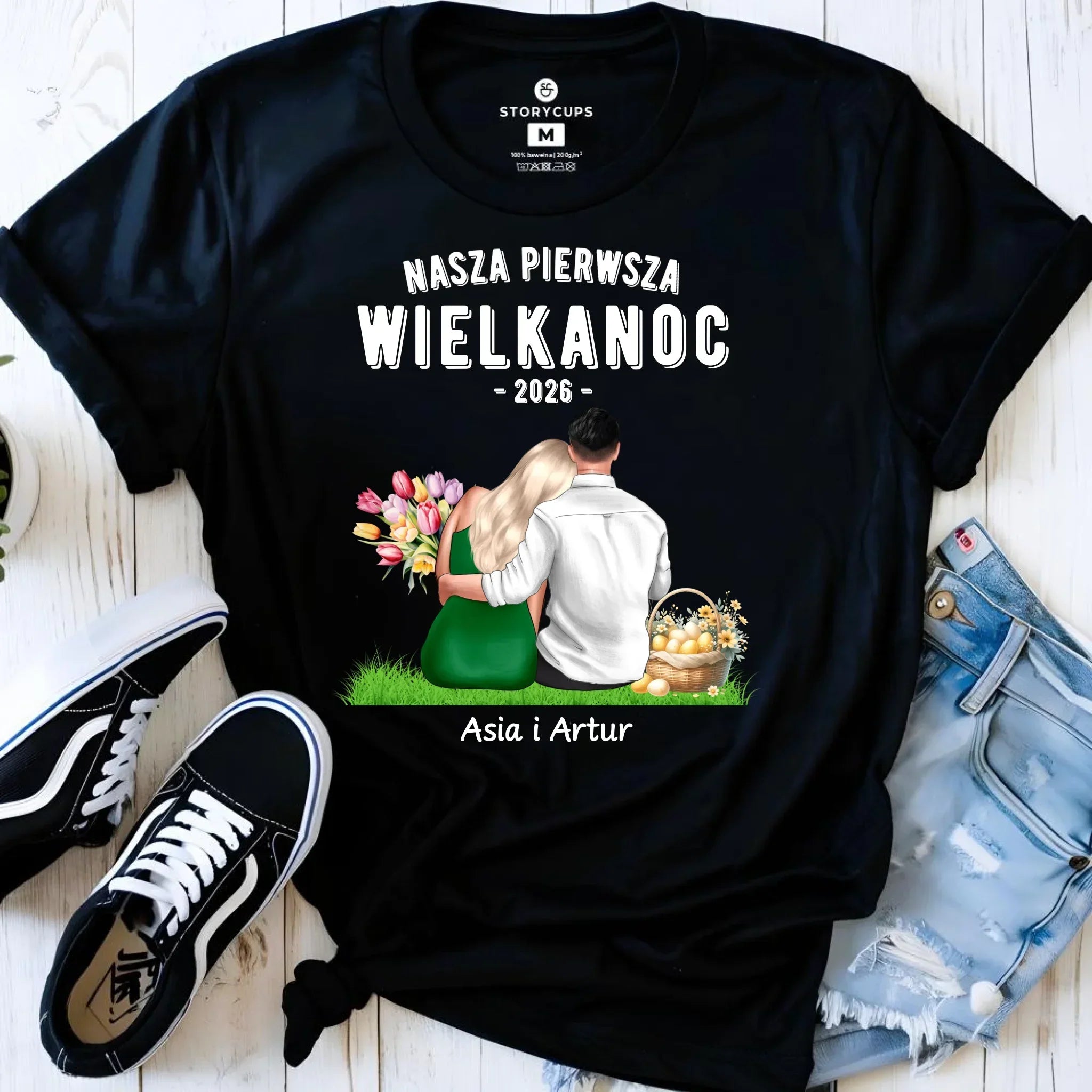 Koszulka damska wielkanocna dla par - Nasza pierwsza Wielkanoc - personalizowana WN16 - StoryCups.pl