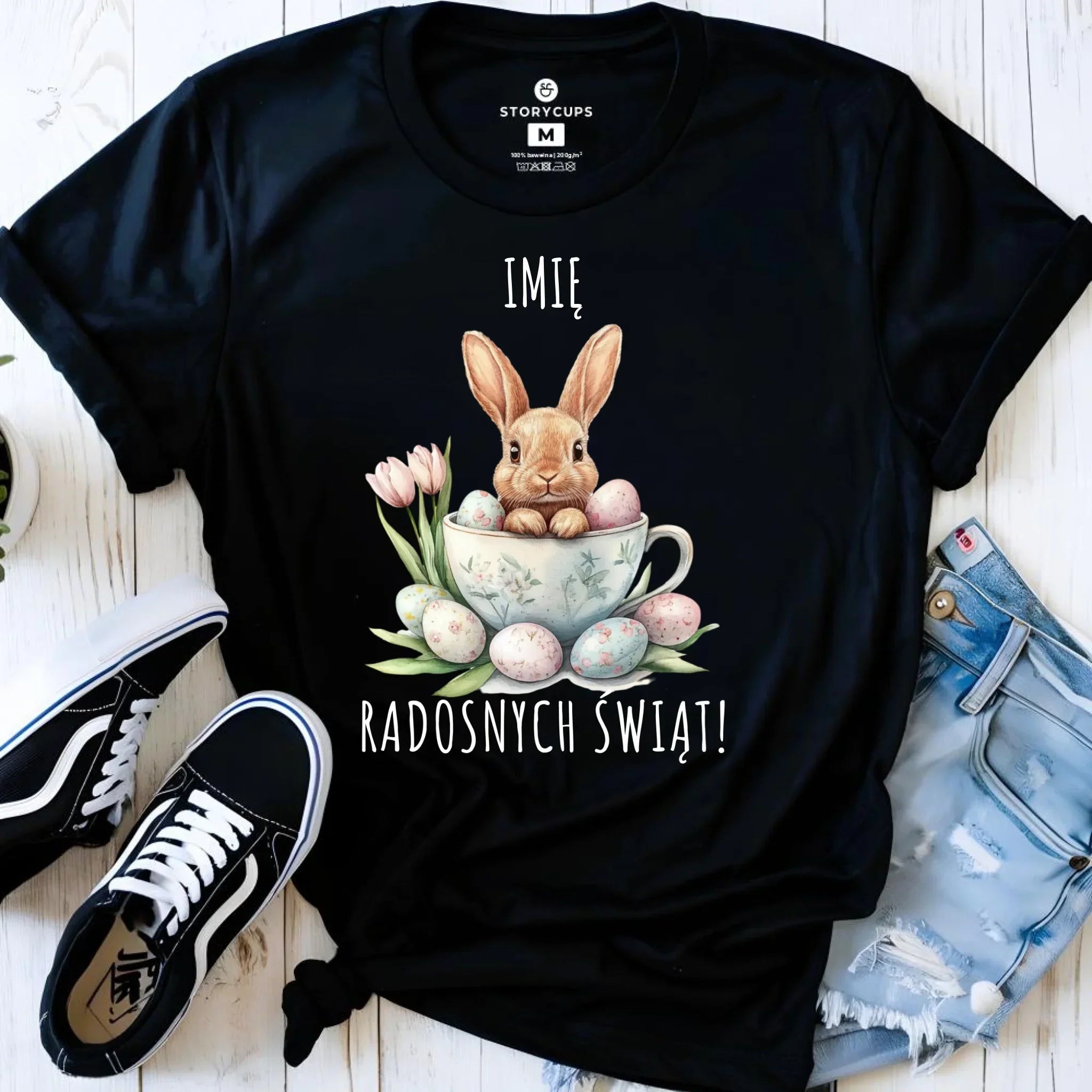 Koszulka damska na Wielkanoc - Zajączek radosnych świąt - personalizowana WN01 - StoryCups.pl
