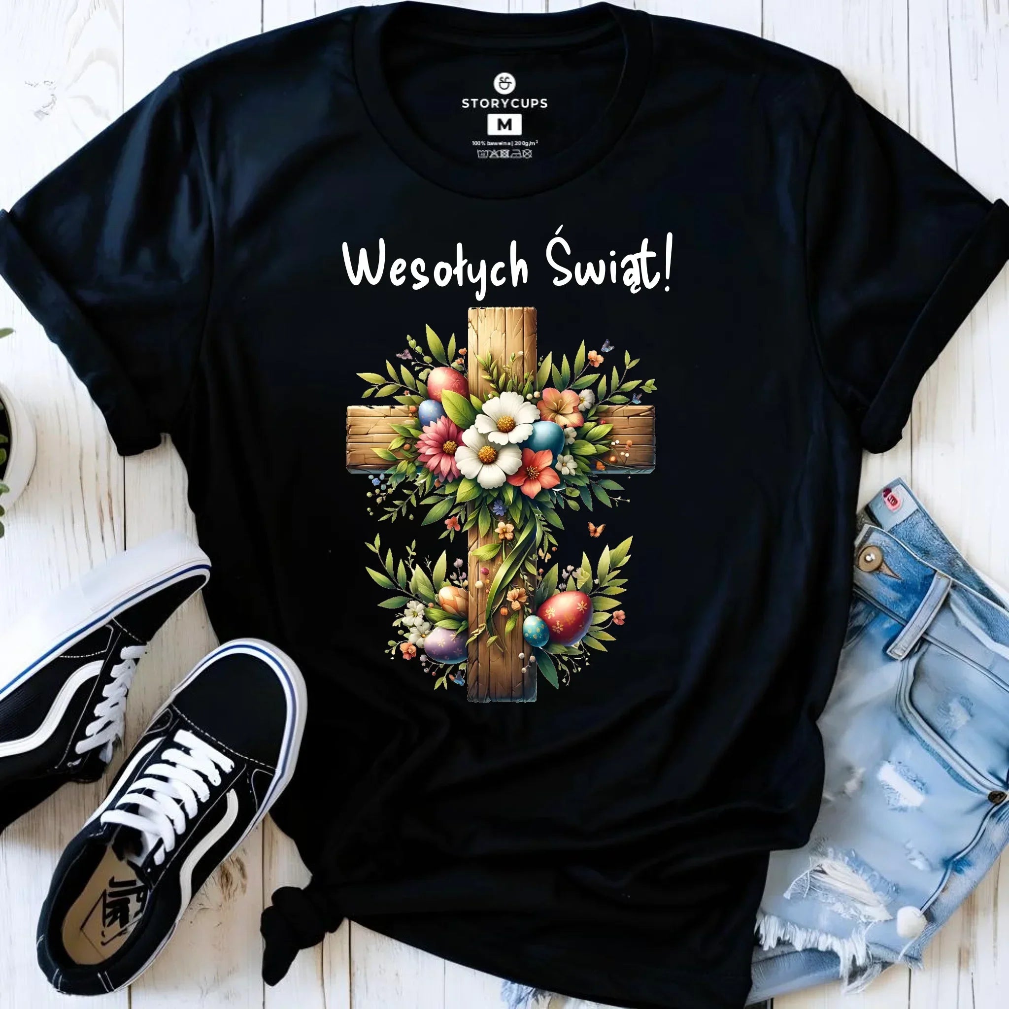 Koszulka damska na Wielkanoc - Krzyż z kwiatami Wesołych Świąt WN02 - StoryCups.pl
