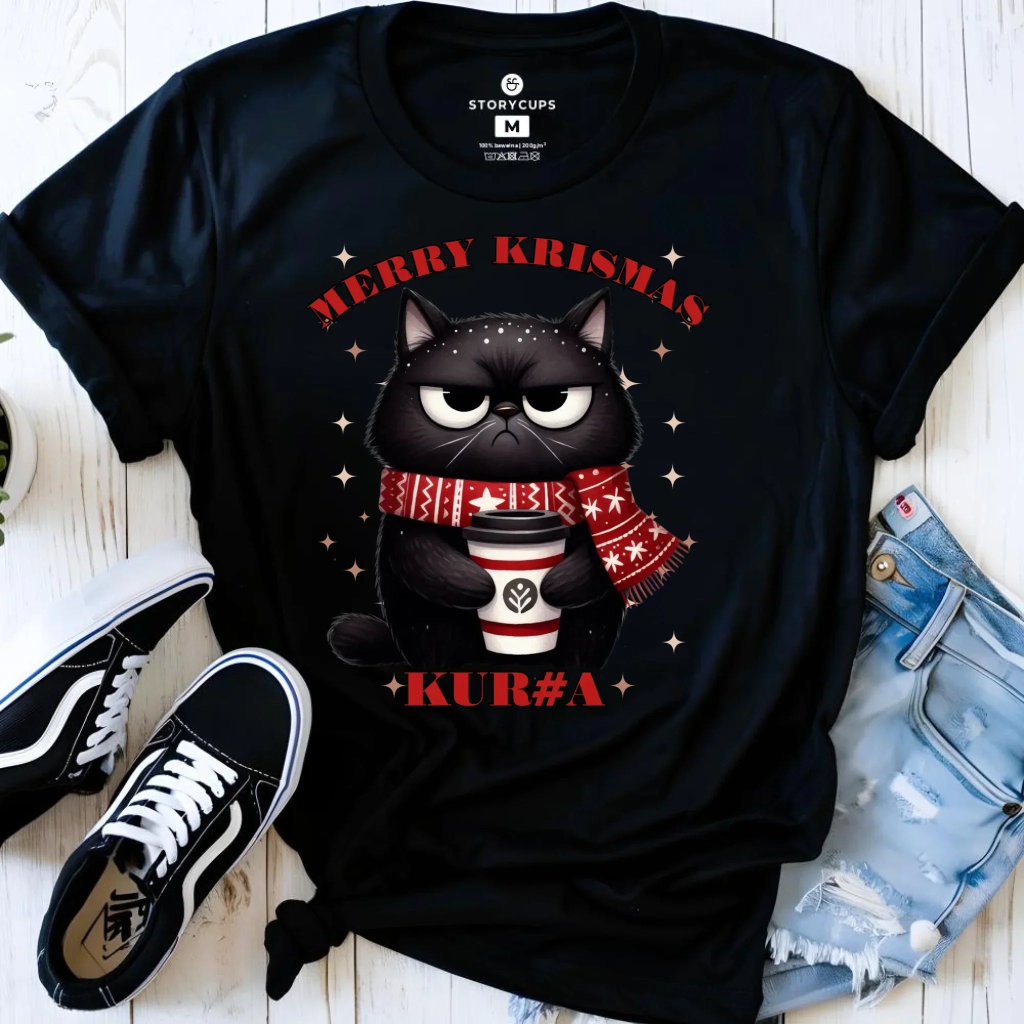 Koszulka damska świąteczna - Zburczany kot Merry Krismas kur#a - bez cenzury BN34 - StoryCups.pl
