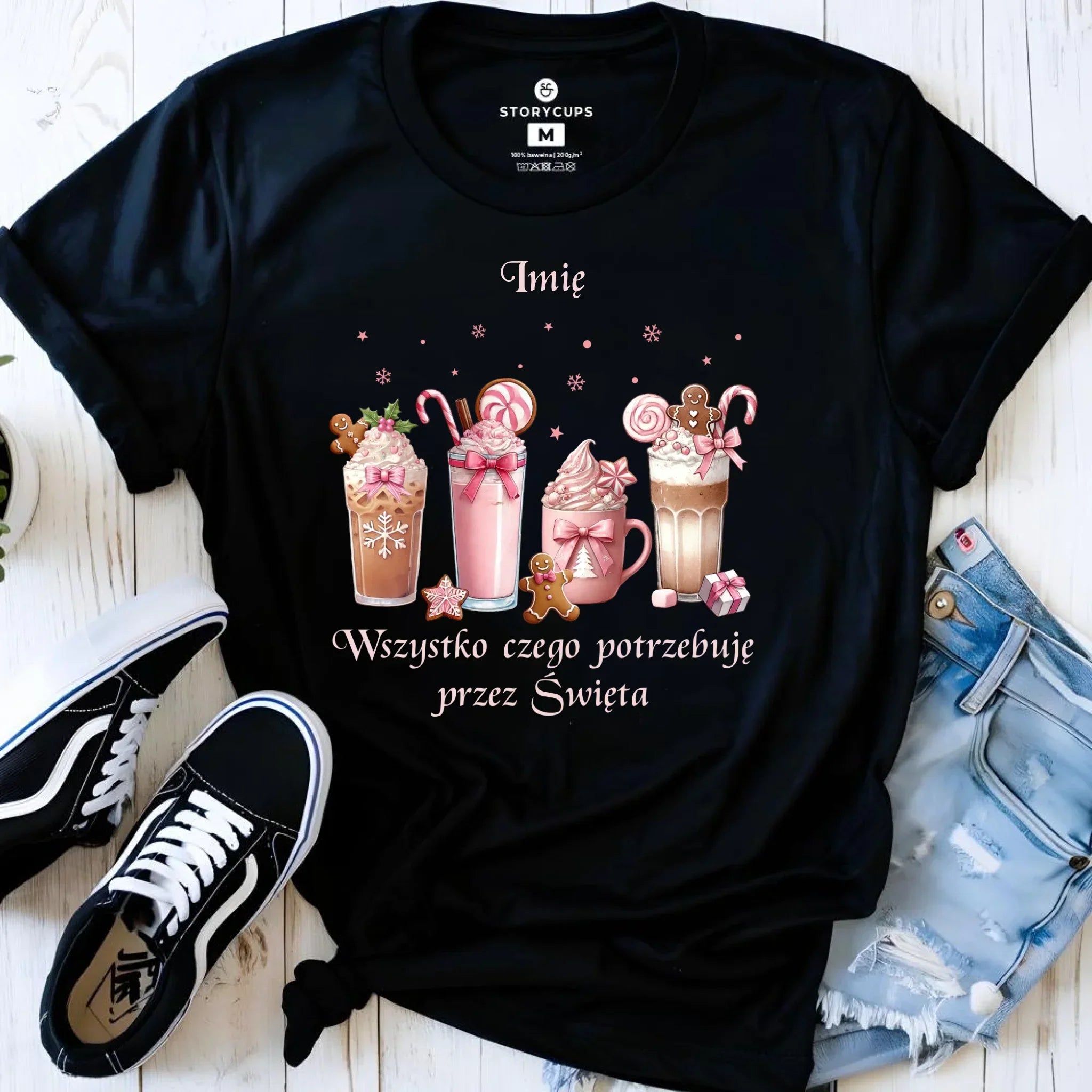 Koszulka damska świąteczna - Zimowa kawa Wszystko czego potrzebuję przez Święta - personalizowana BN46 - StoryCups.pl