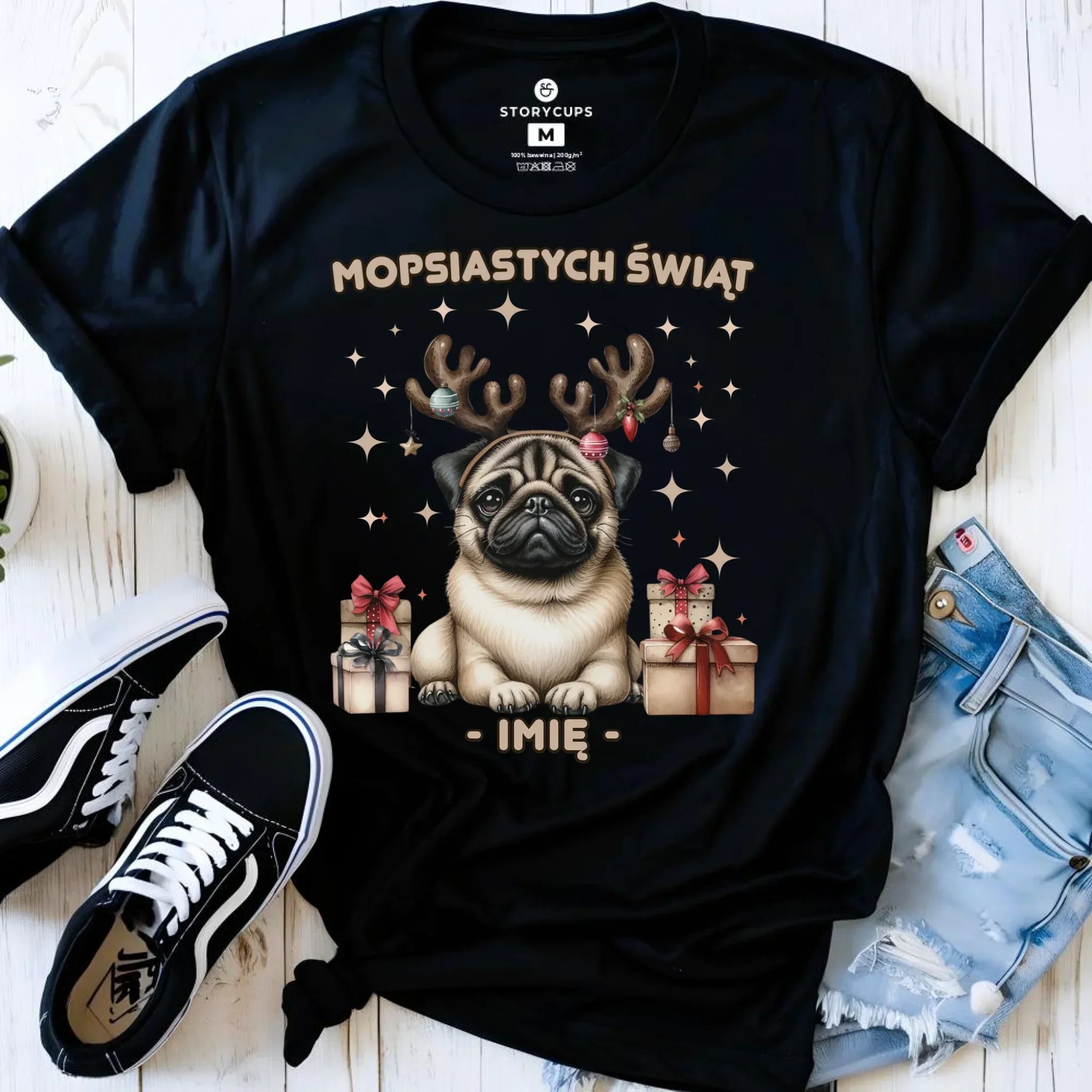 Koszulka damska świąteczna - Mops Mopsiastych świąt - personalizowana BN91 - StoryCups.pl