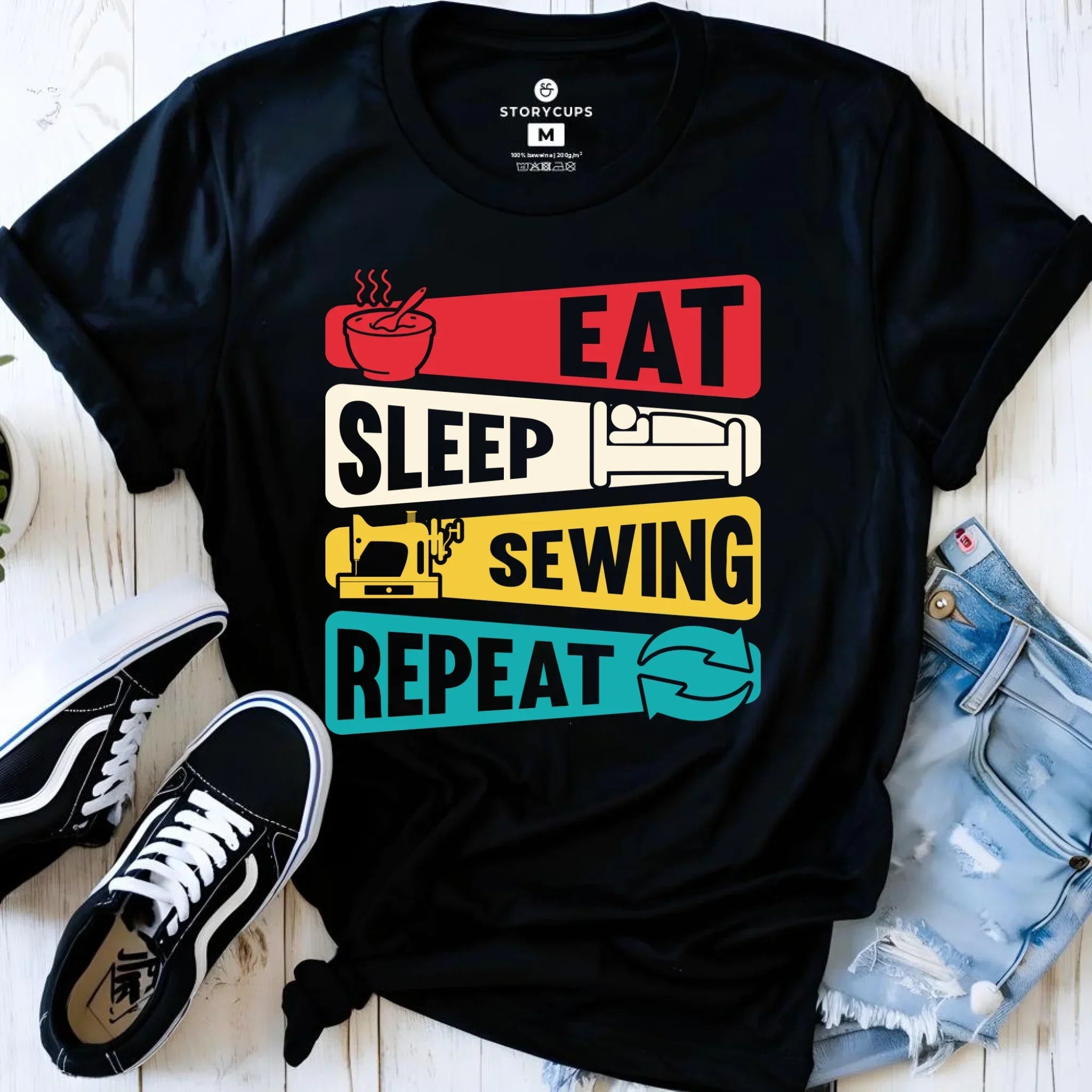 Koszulka damska szyciowa dla krawcowej - Eat sleep sewing repeat HS21 - StoryCups.pl