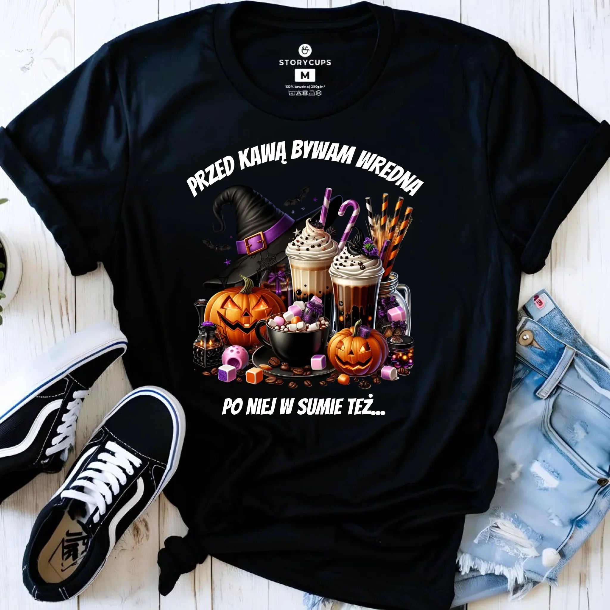 Koszulka damska Halloween – Przed kawą bywam wredna, po niej w sumie też HL30 - StoryCups.pl