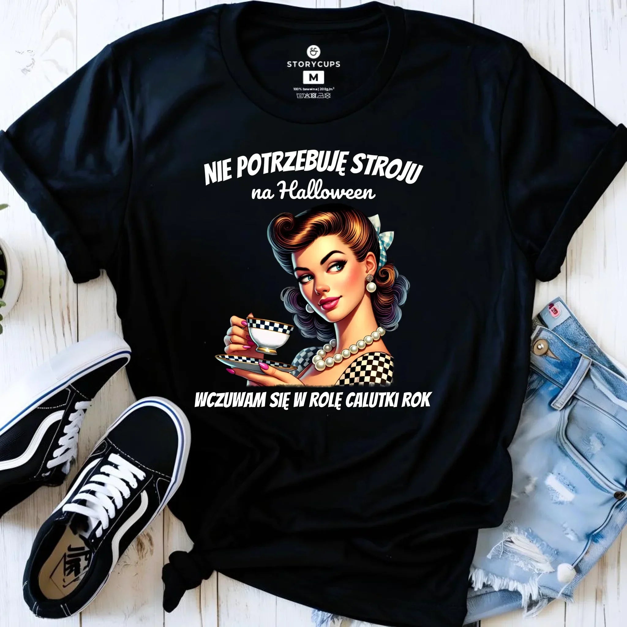 Koszulka damska retro pin-up girl – Nie potrzebuję stroju na Halloween HL29 - StoryCups.pl