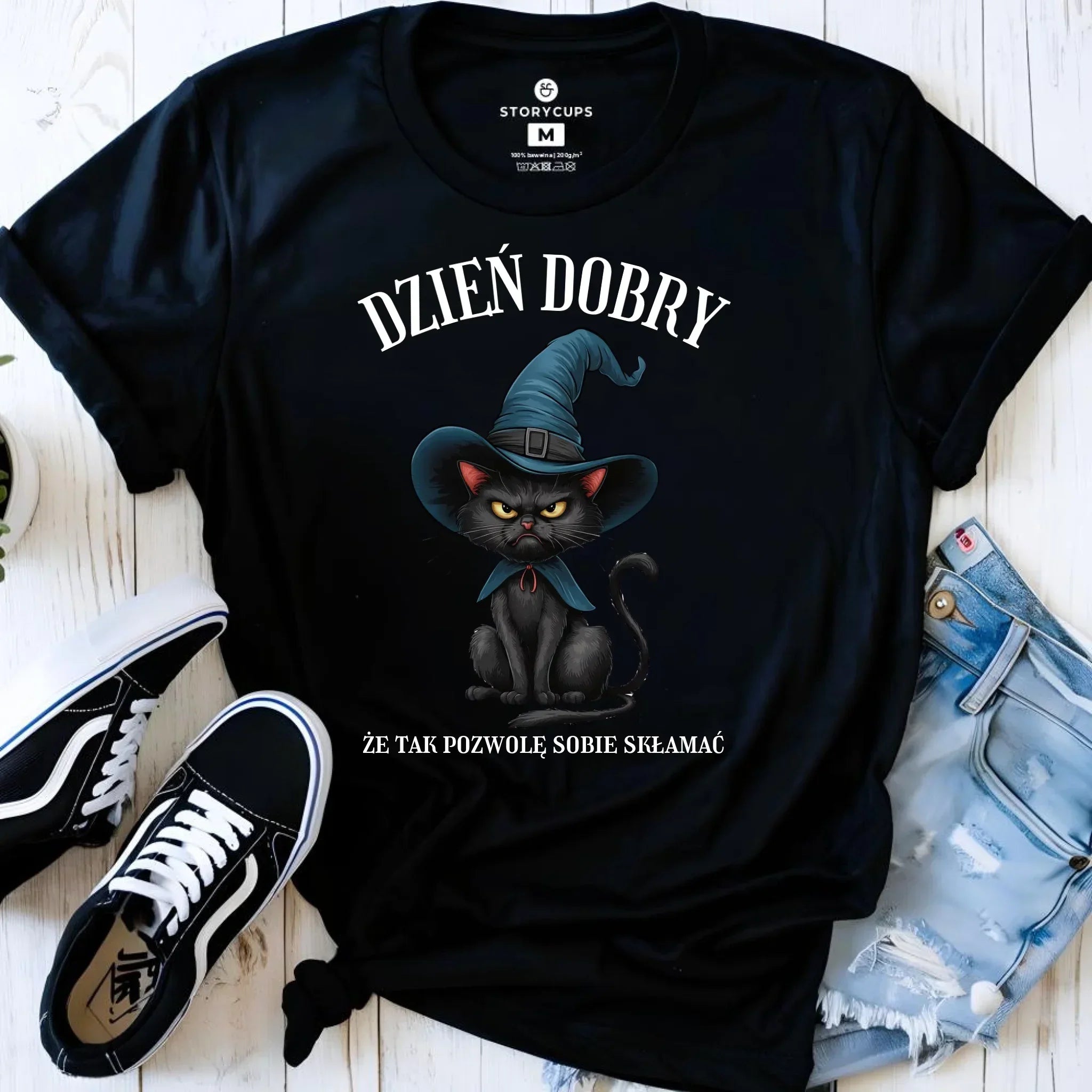 Koszulka damska na Halloween - Kot Czarownicy - Dzień dobry, że tak skłamię HL27 - StoryCups.pl