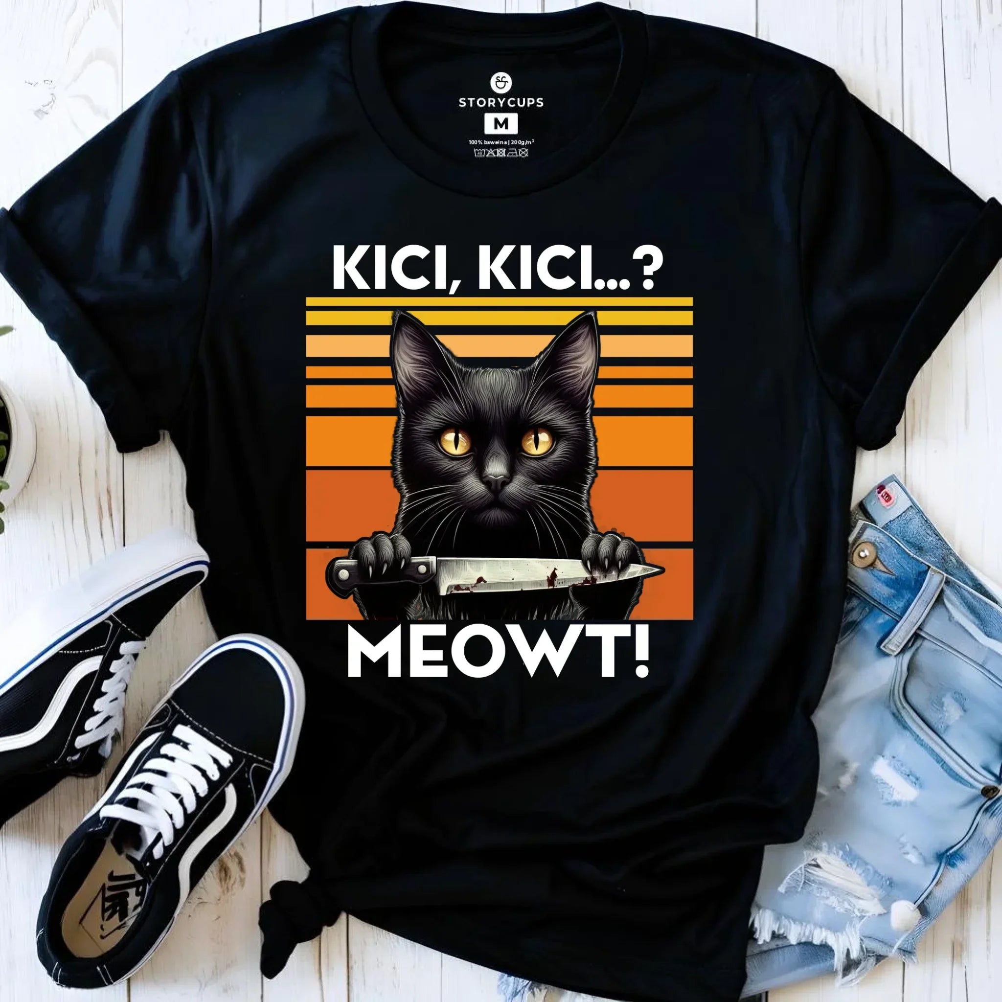 Koszulka damska - Kot z nożem - Kici, kici... MEOWT! HL17 - StoryCups.pl