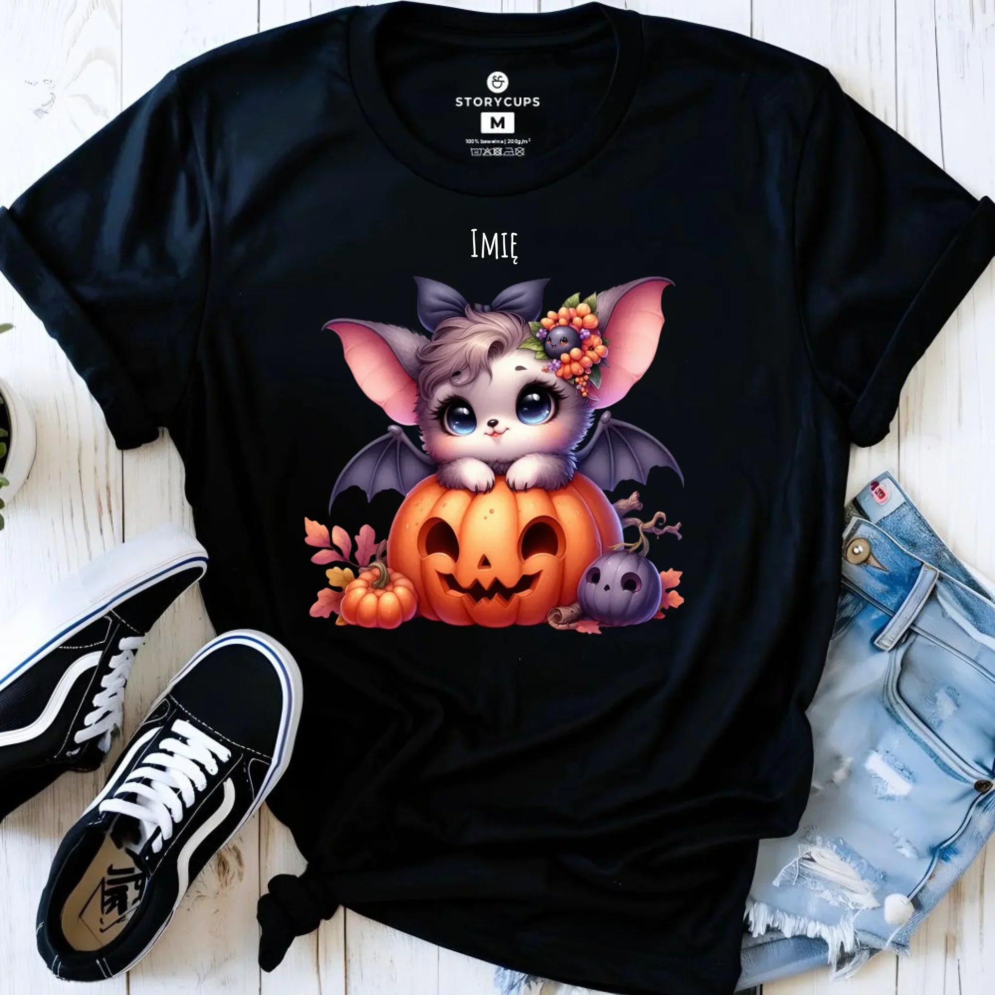 Koszulka damska halloweenowa - Uroczy nietoperz z dynią - personalizowana HL08 - StoryCups.pl