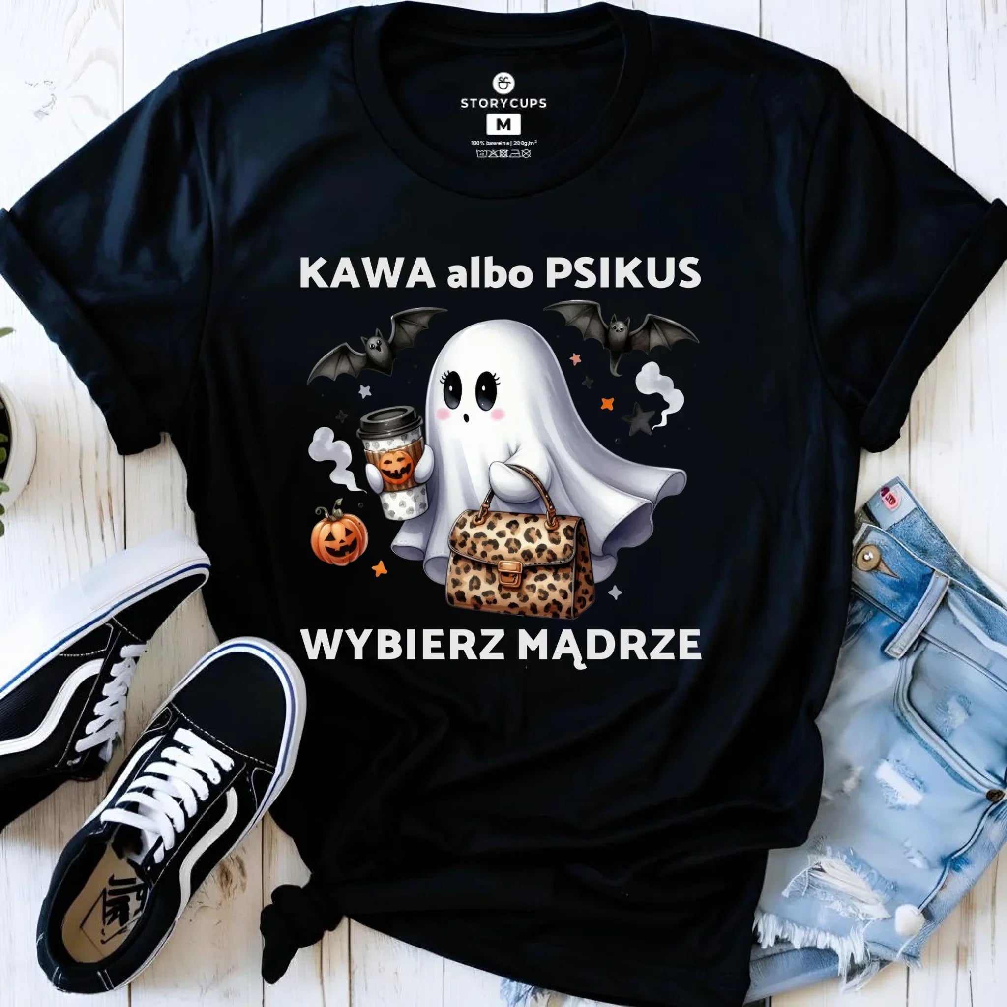Koszulka damska halloweenowa - Duch - Kawa albo psikus HL07 - StoryCups.pl