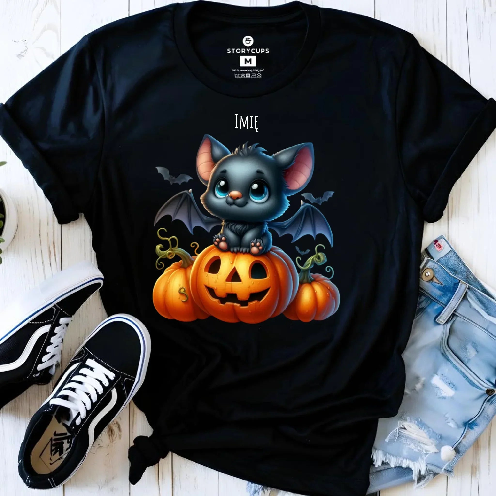 Koszulka damska halloweenowa - Słodki nietoperz z dynią - personalizowana HL09 - StoryCups.pl