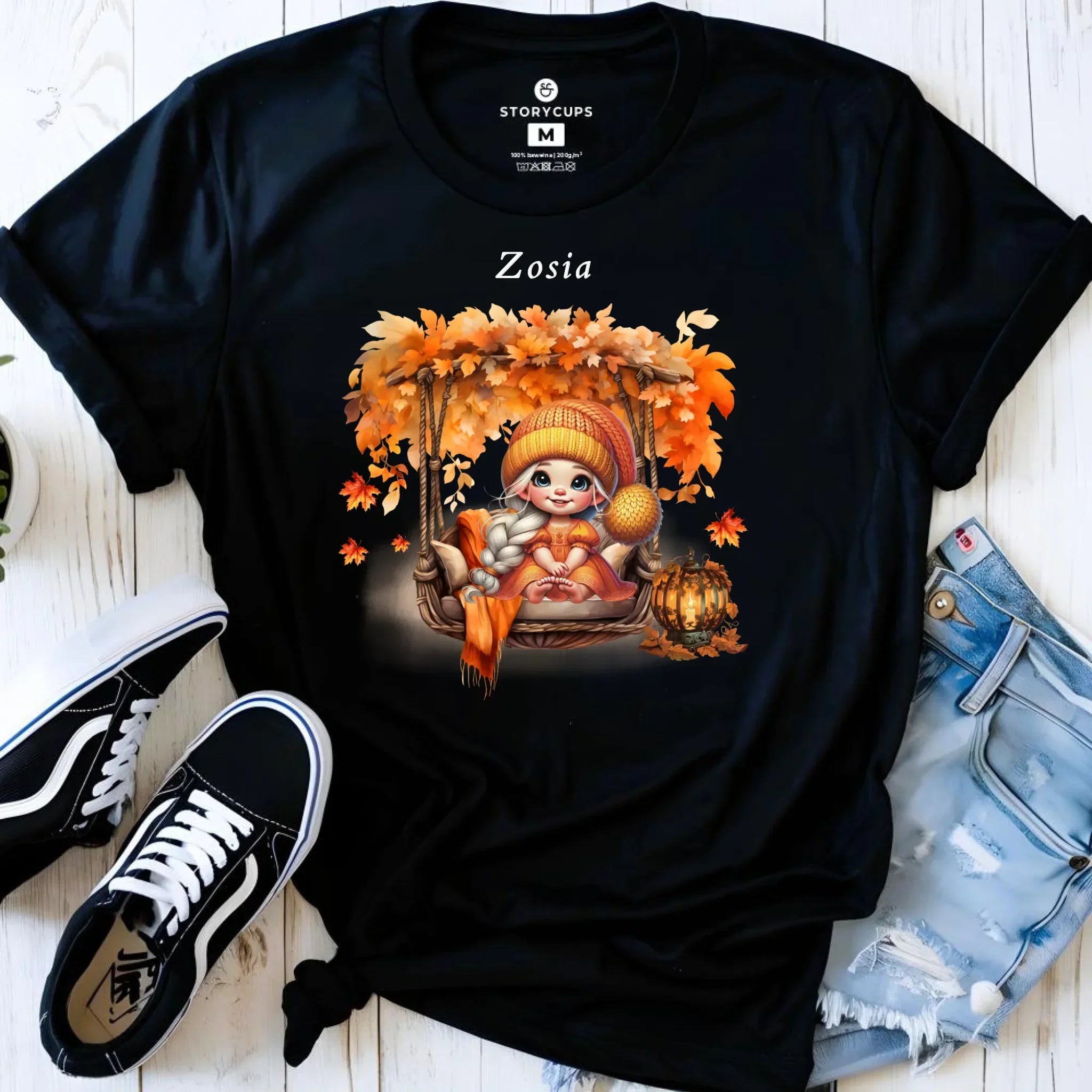 Koszulka damska jesieniara - Dziewczynka z liśćmi - personalizowana JS17 - StoryCups.pl