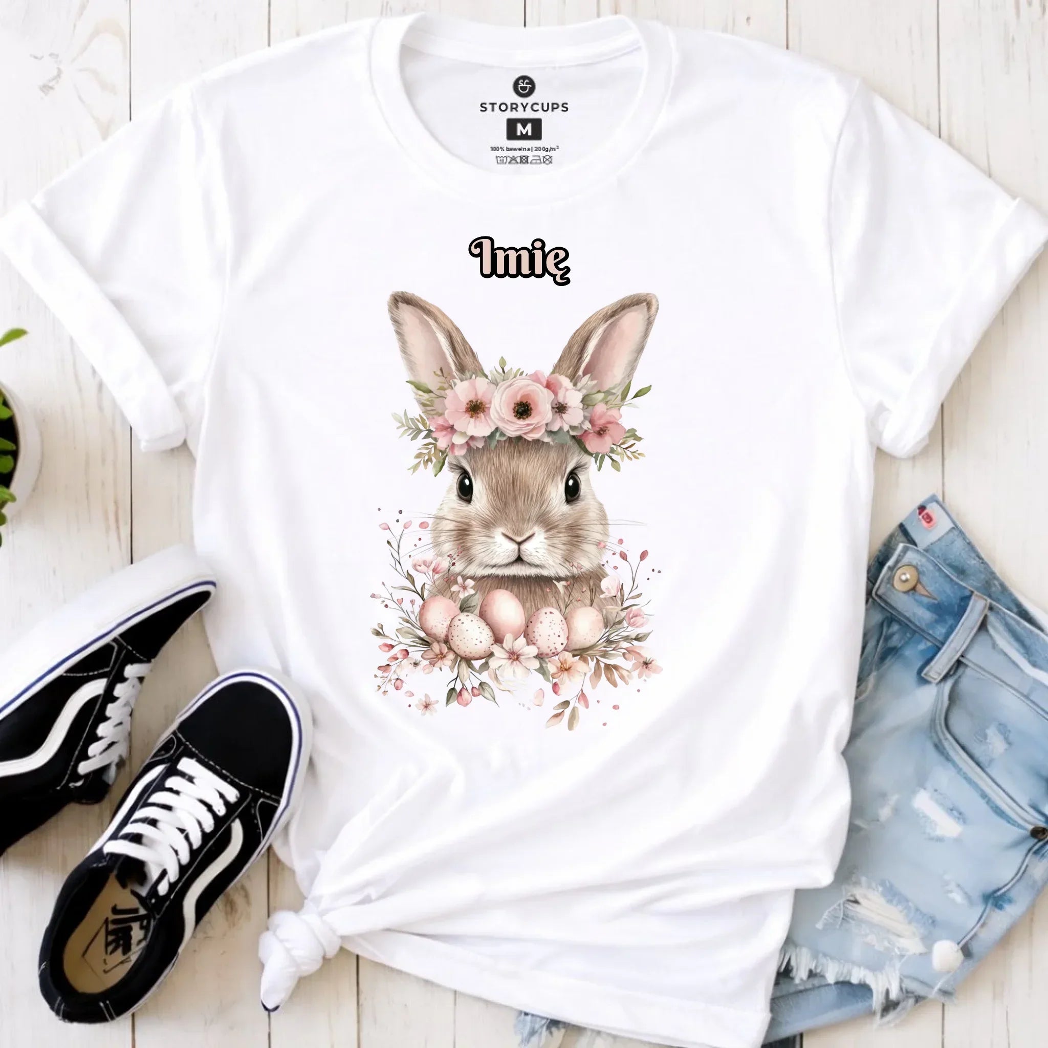 Koszulka damska na Wielkanoc - Zajączek Boho w kwiatach - Prezent personalizowany WN05 - StoryCups.pl