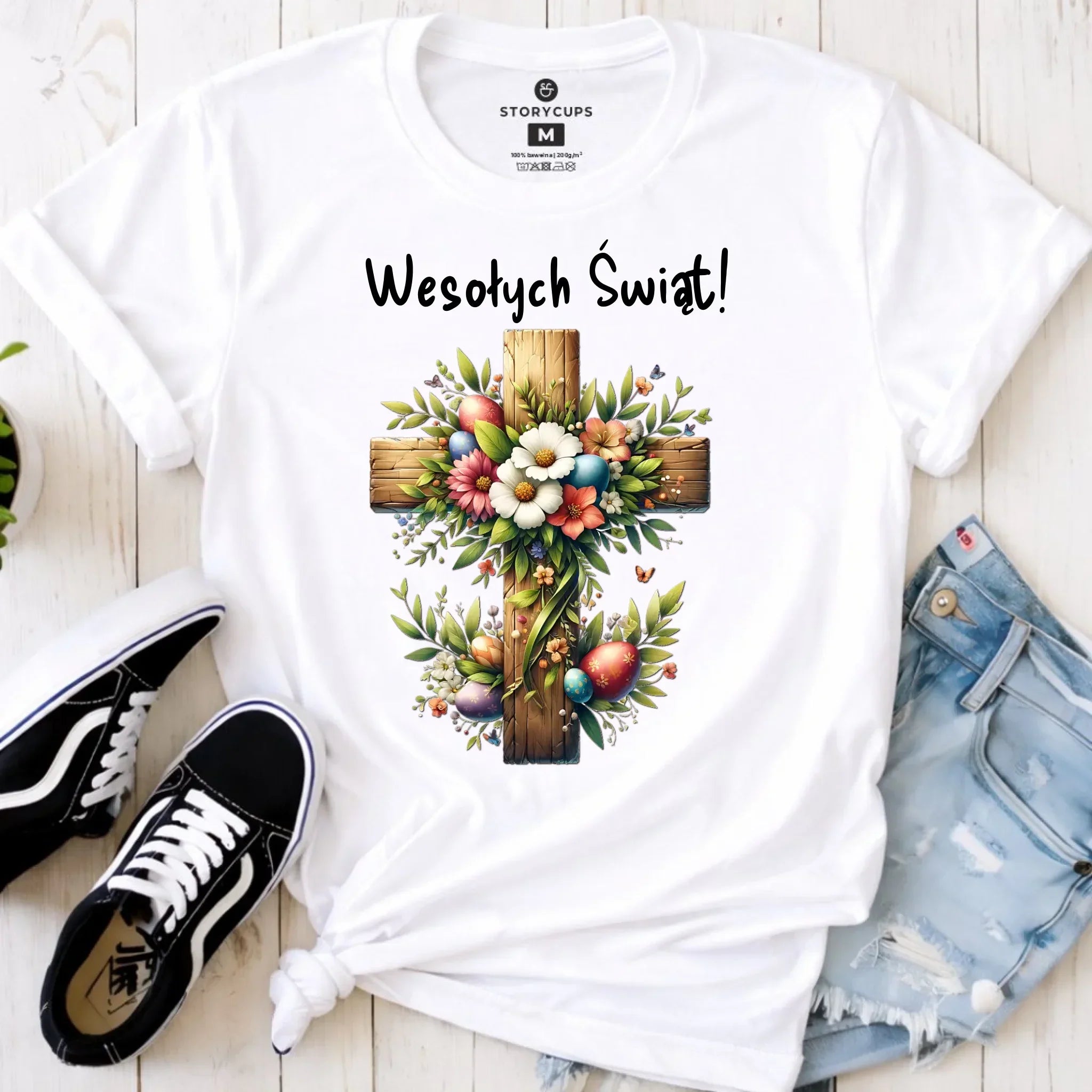 Koszulka damska na Wielkanoc - Krzyż z kwiatami Wesołych Świąt WN02 - StoryCups.pl