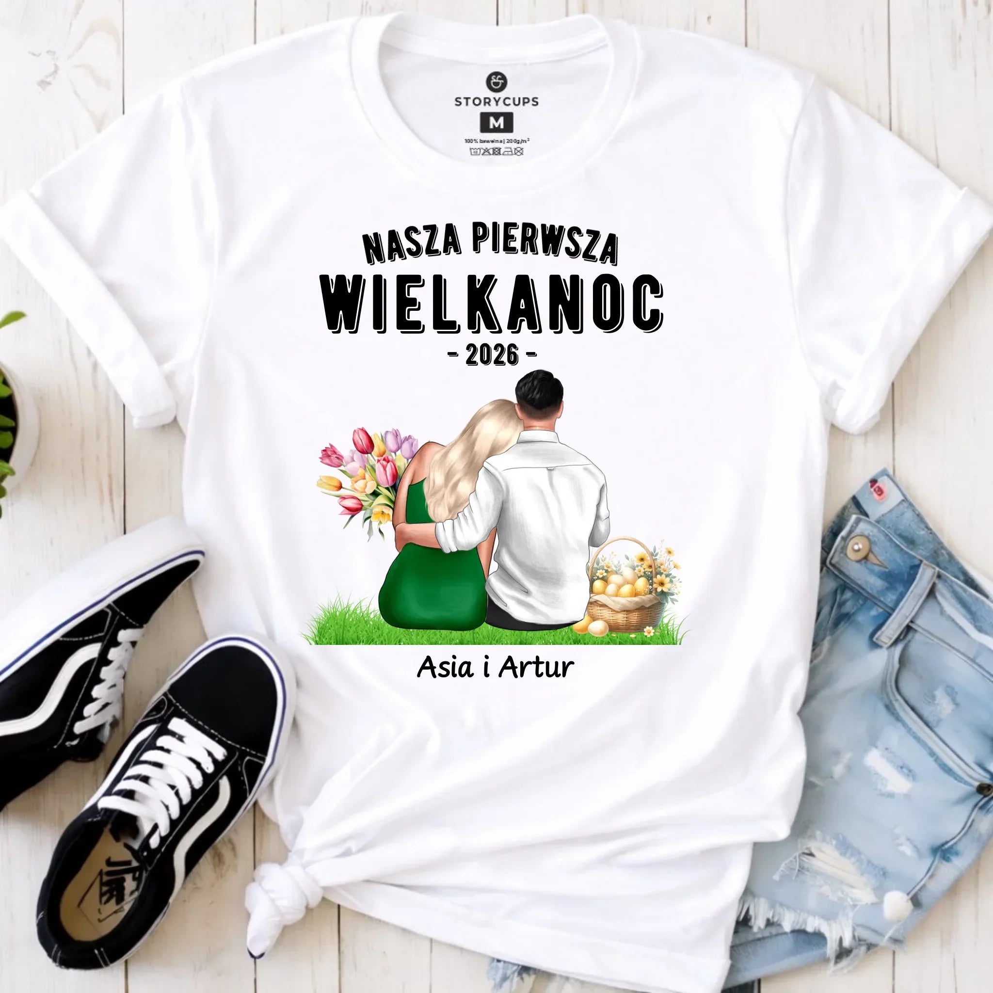 Koszulka damska wielkanocna dla par - Nasza pierwsza Wielkanoc - personalizowana WN16 - StoryCups.pl