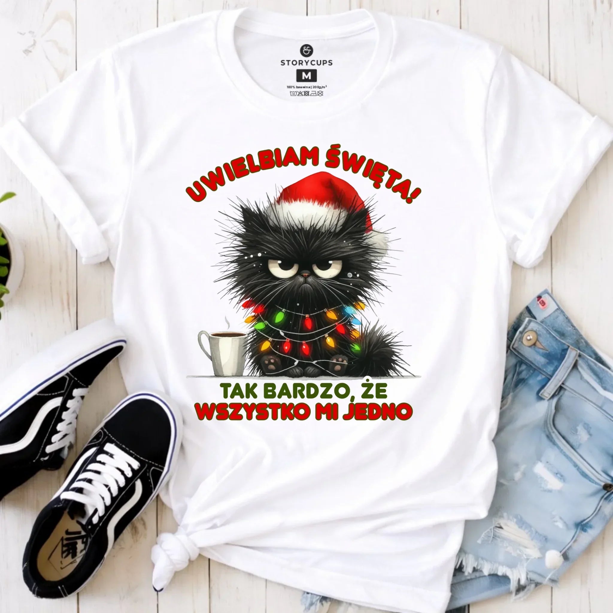Koszulka damska świąteczna - Kot Maruda Wszystko mi jedno BN35 - StoryCups.pl