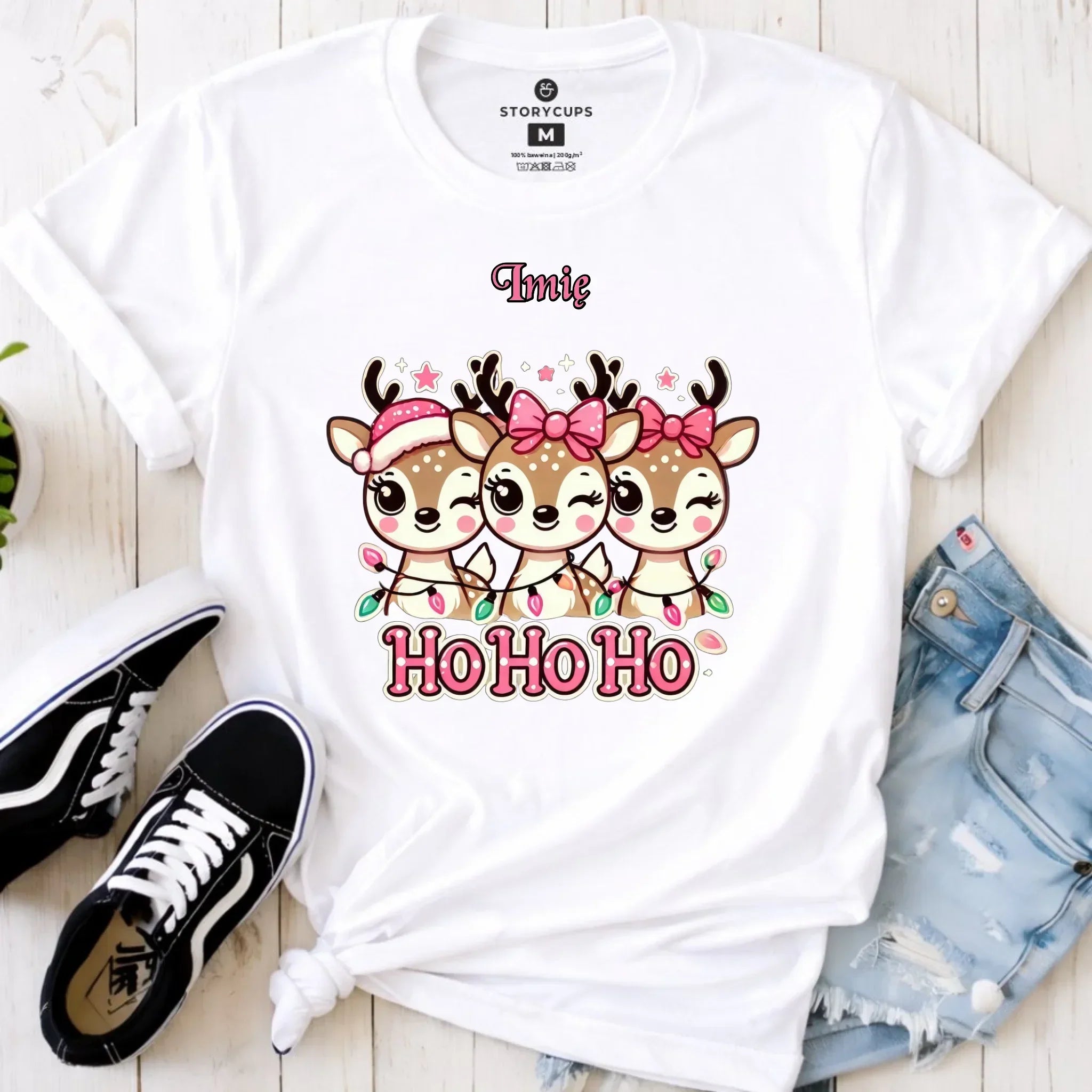Koszulka damska świąteczna - Ho ho ho Słodkie reniferki - personalizowana BN49 - StoryCups.pl