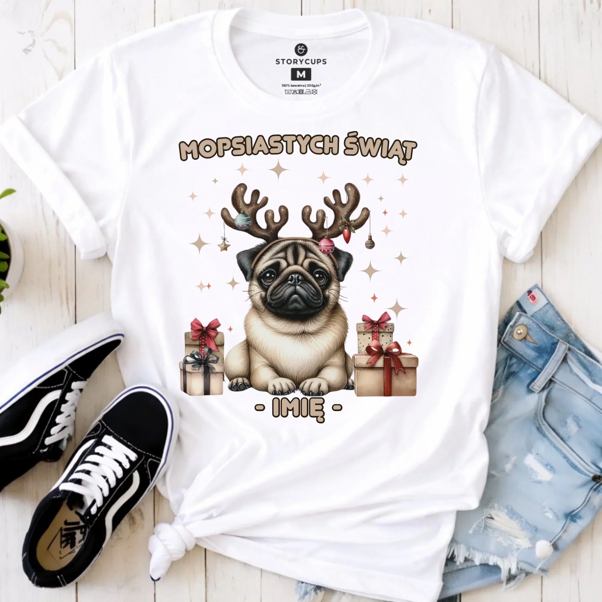 Koszulka damska świąteczna - Mops Mopsiastych świąt - personalizowana BN91 - StoryCups.pl