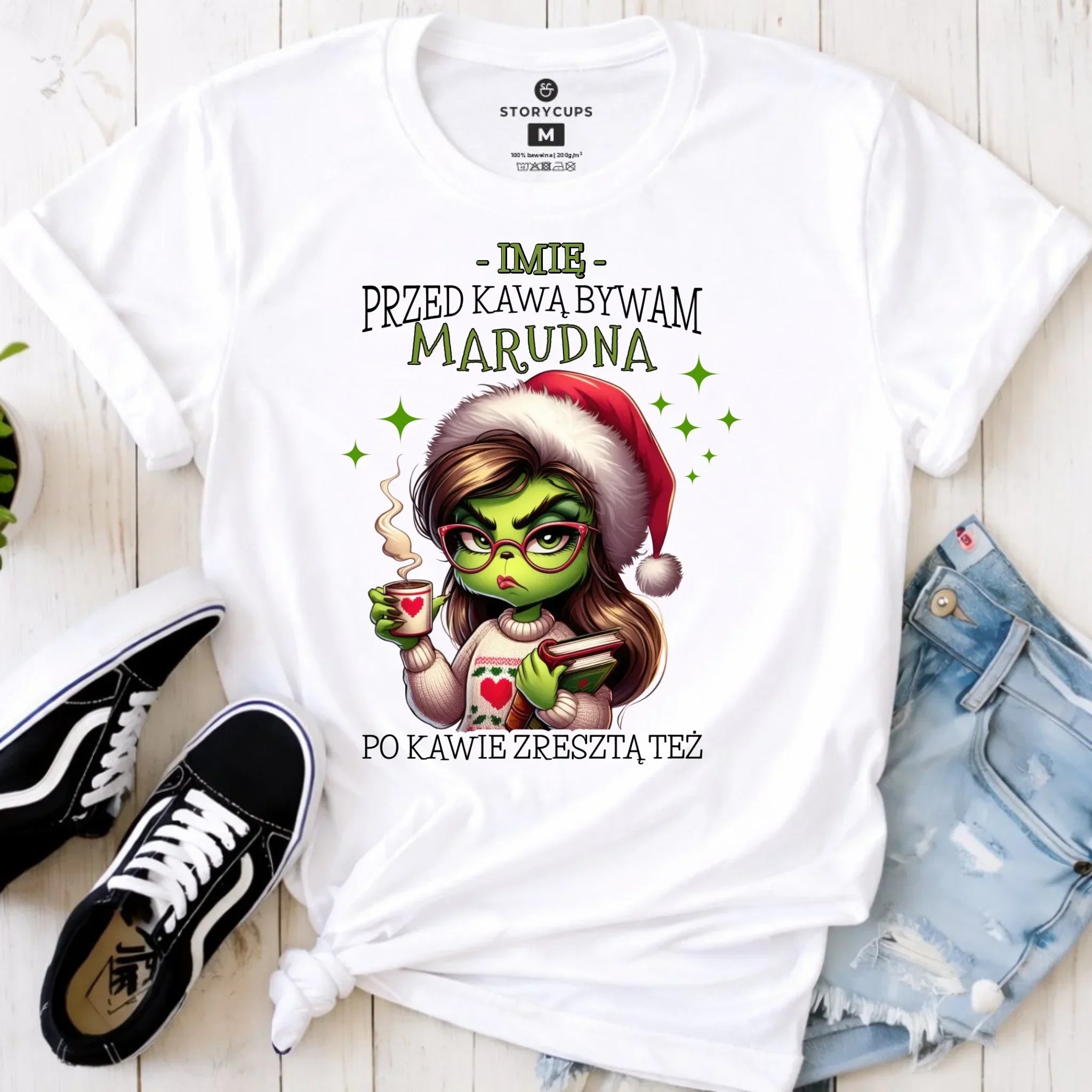 Koszulka damska świąteczna - Grinch - Przed kawą bywam marudna - personalizowana BN116 - StoryCups.pl