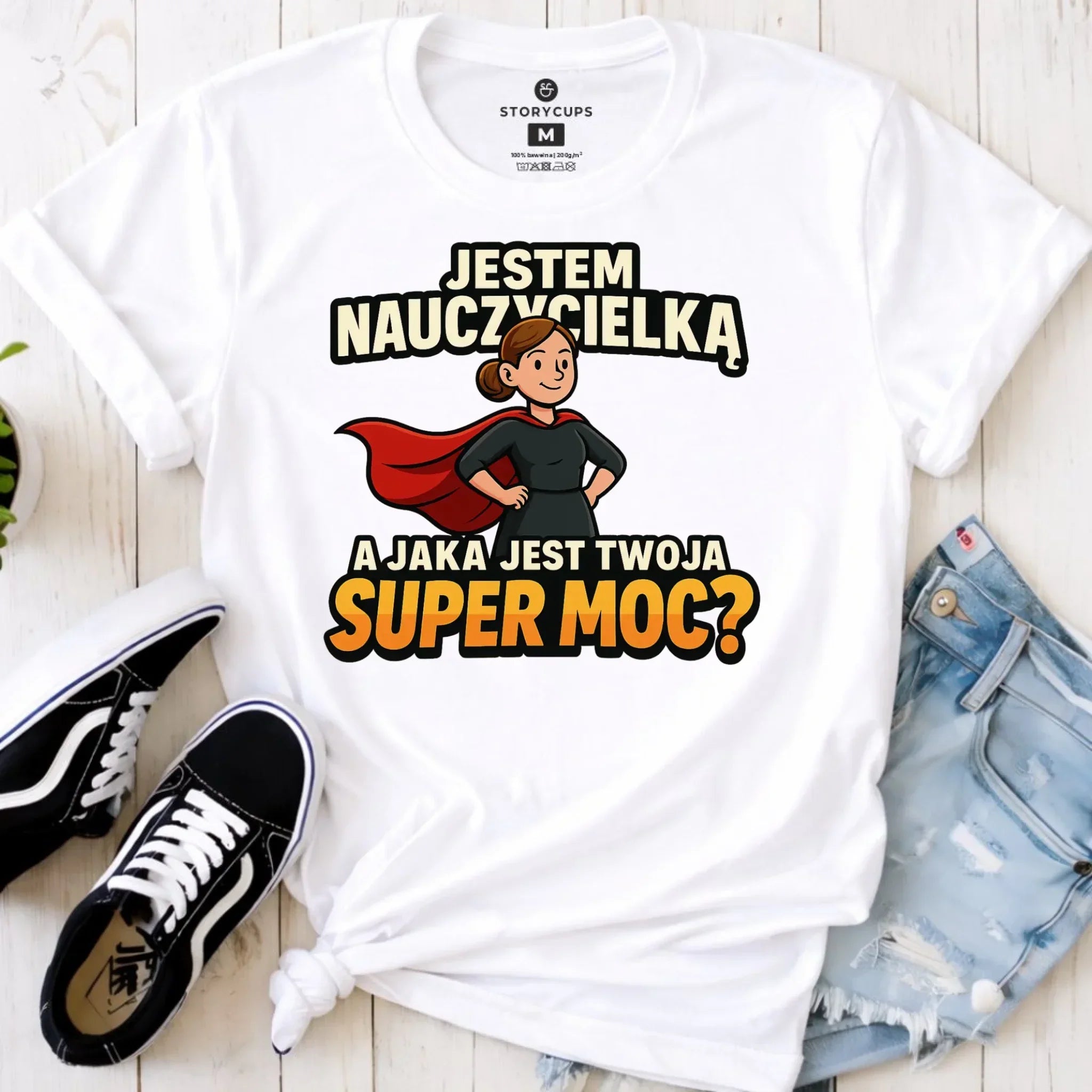Koszulka damska dla nauczycielki - Jestem nauczycielką, a jak jest Twoja super moc? N26 - StoryCups.pl